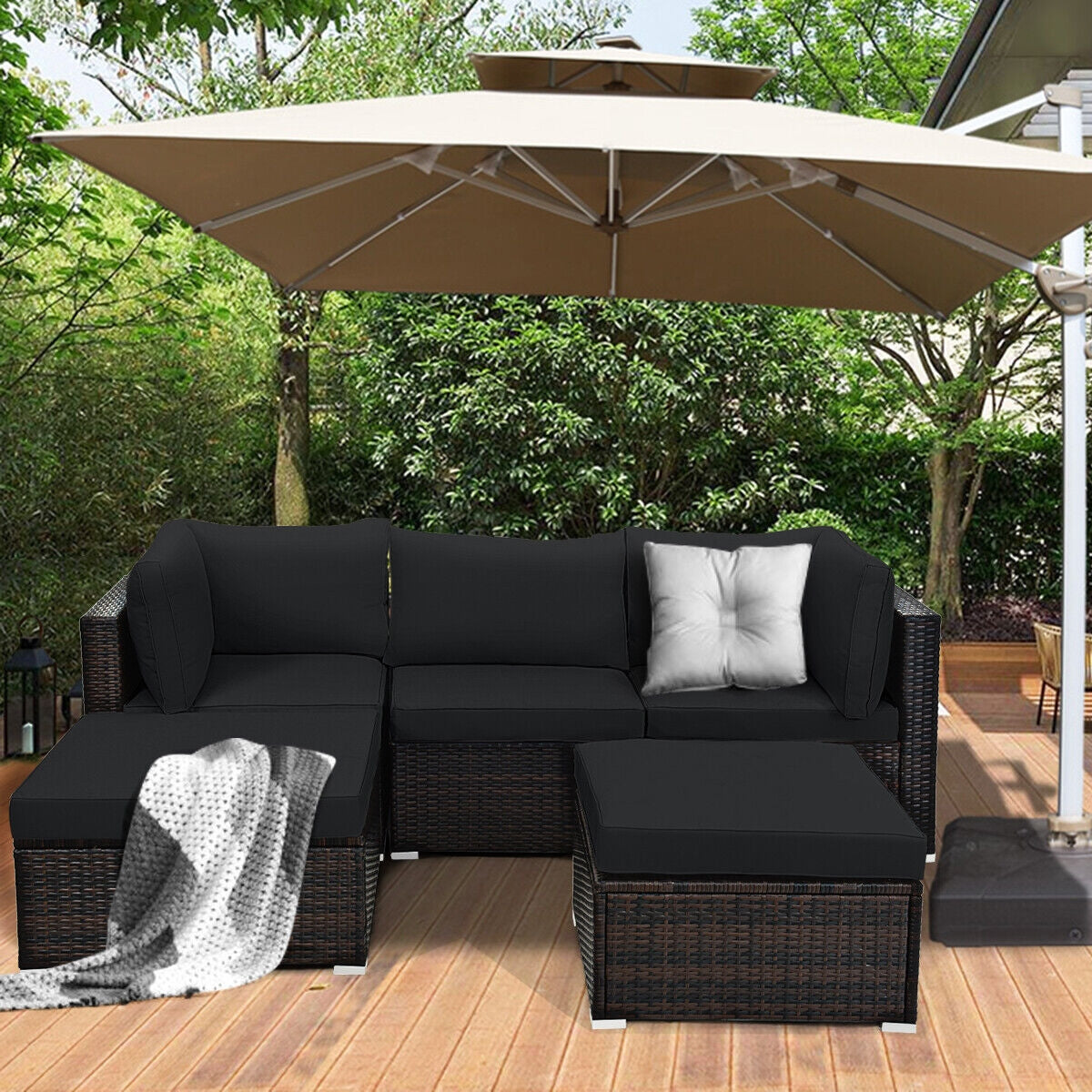 5 Pieces Patio Sectional Rattan Furniture Set with Ottoman Table