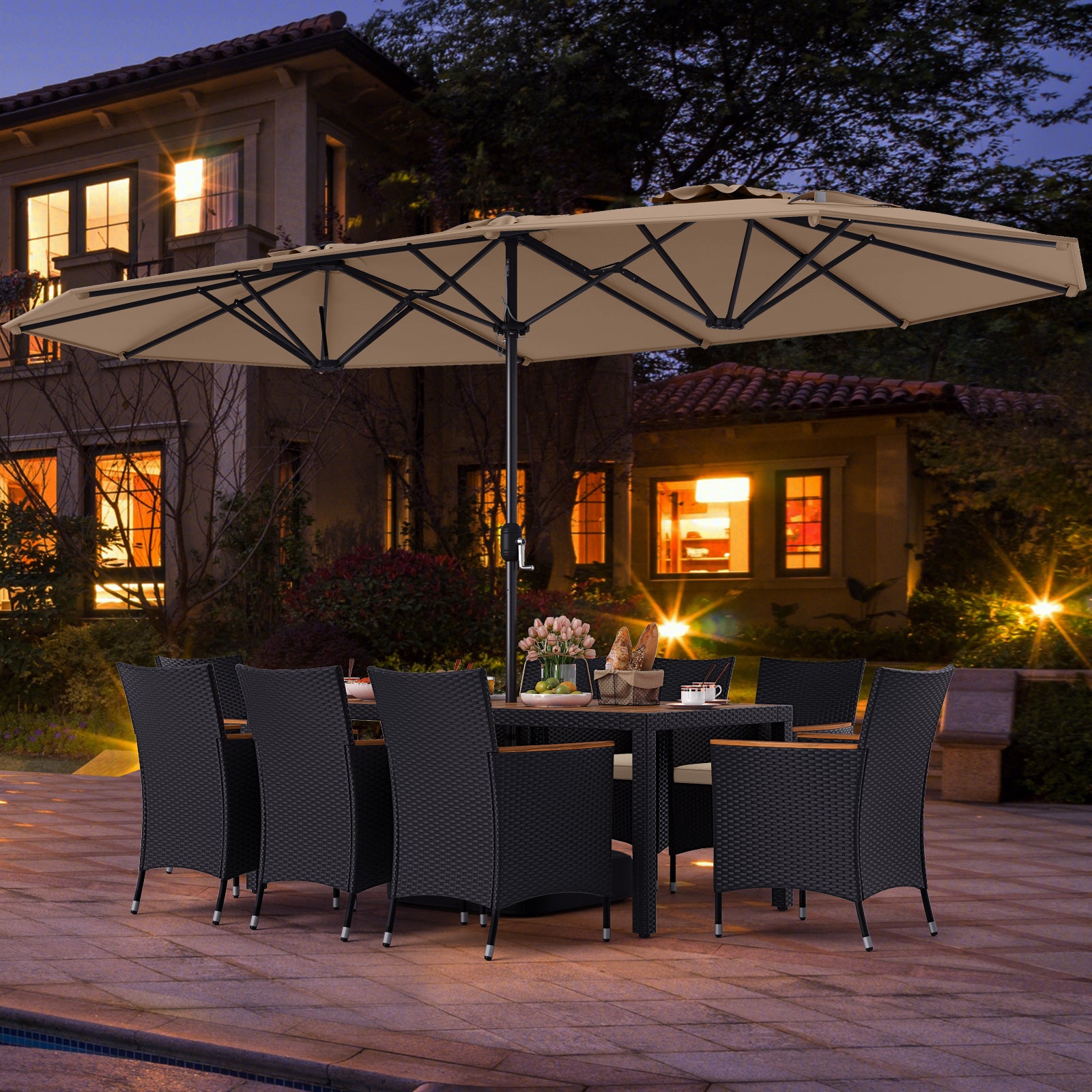 10 Piece Outdoor Dining Set with 15 Feet Double-Sided Twin Umbrella