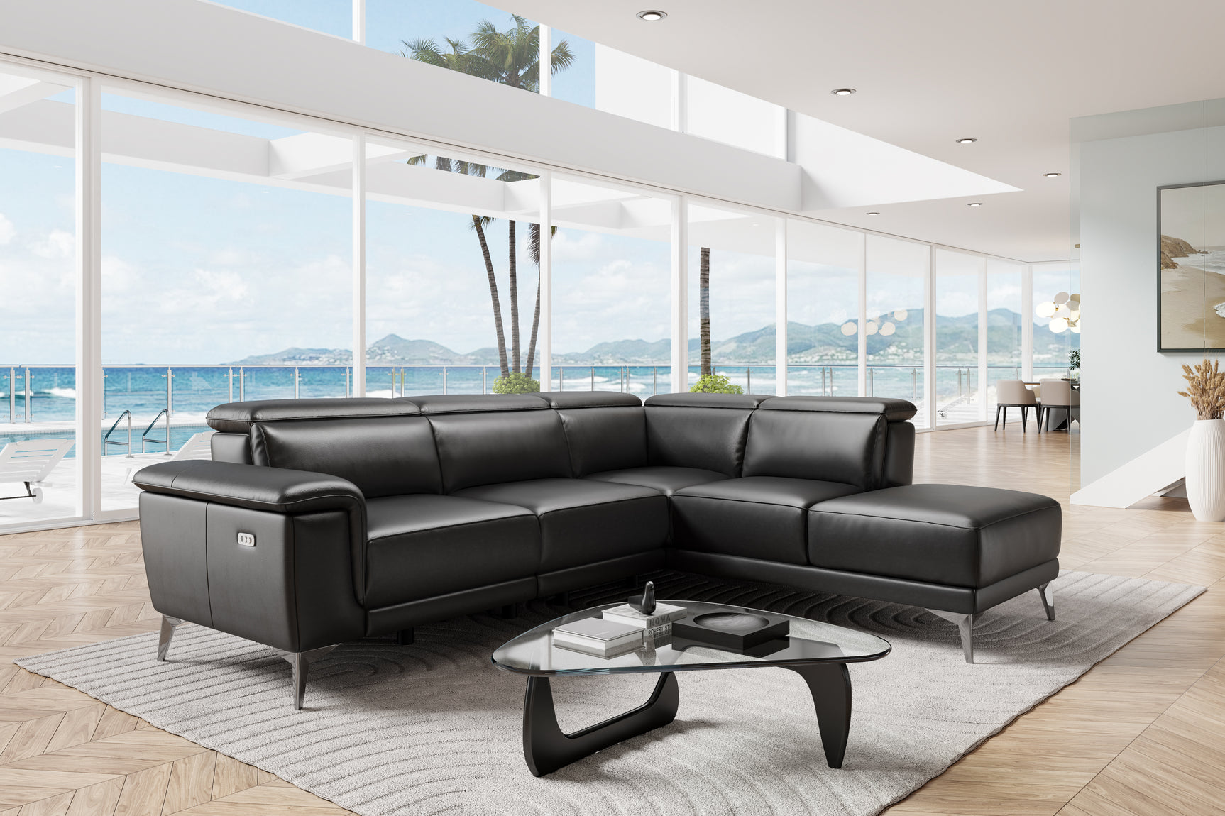 Valencia Pista Modern Top Grain Leather Reclining Sectional Sofa with Right-Hand Facing Chaise, Black Scene diagram