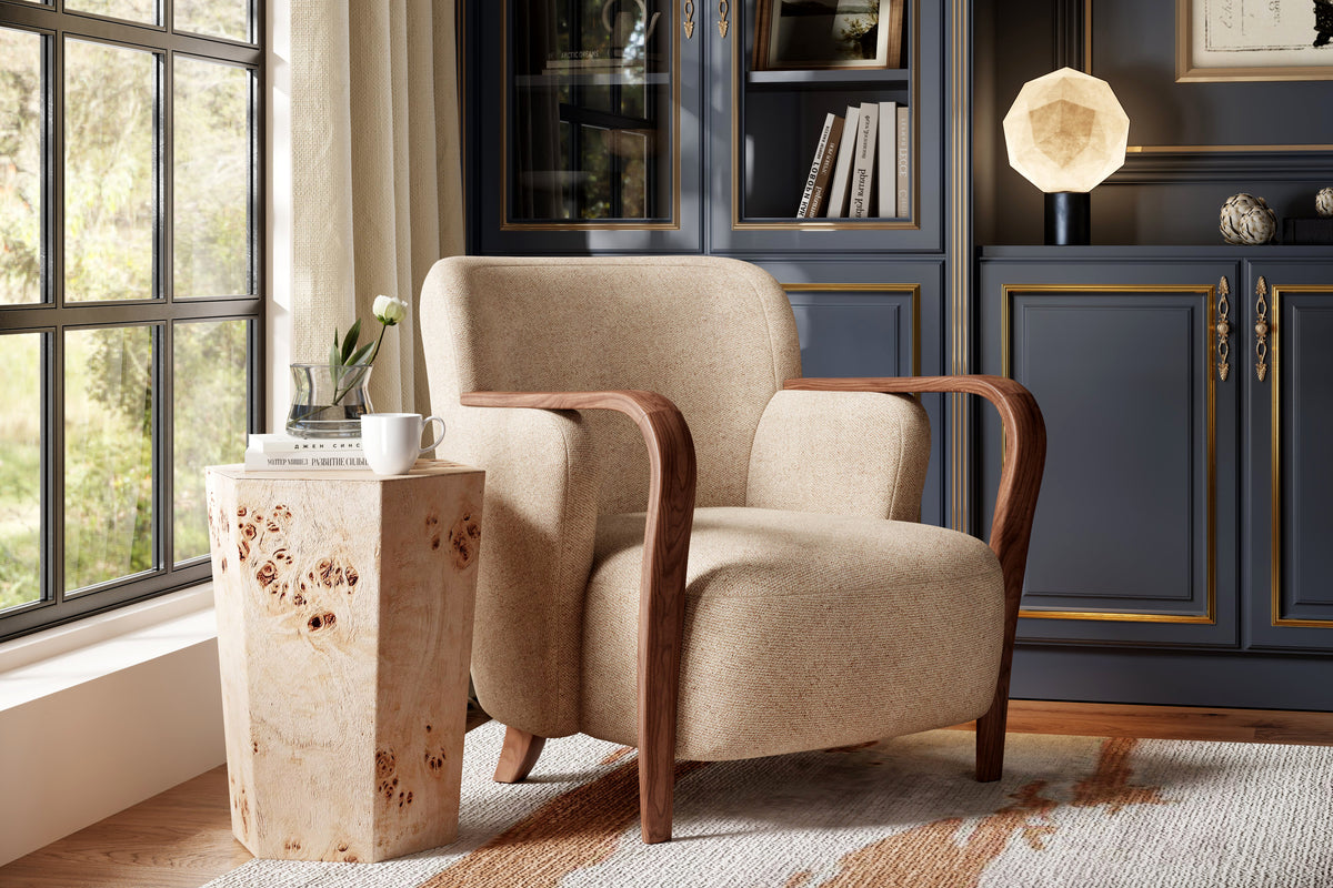 Valencia Emma Fabric Accent Chair with Walnut Wood Armrest