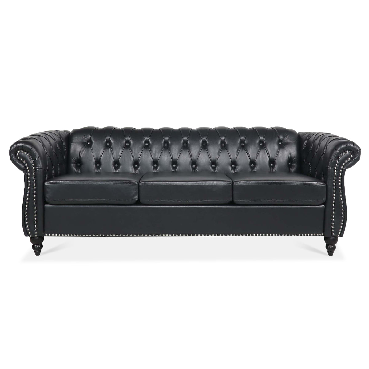 Black faux-leather Chesterfield three-seat sofa, front view