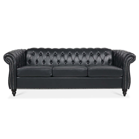 Black faux-leather Chesterfield three-seat sofa, front view