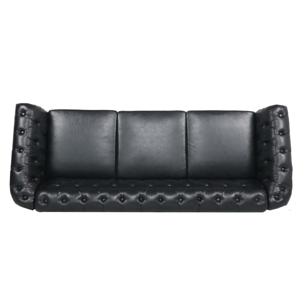 Overhead view showing three seat cushions and rolled arms