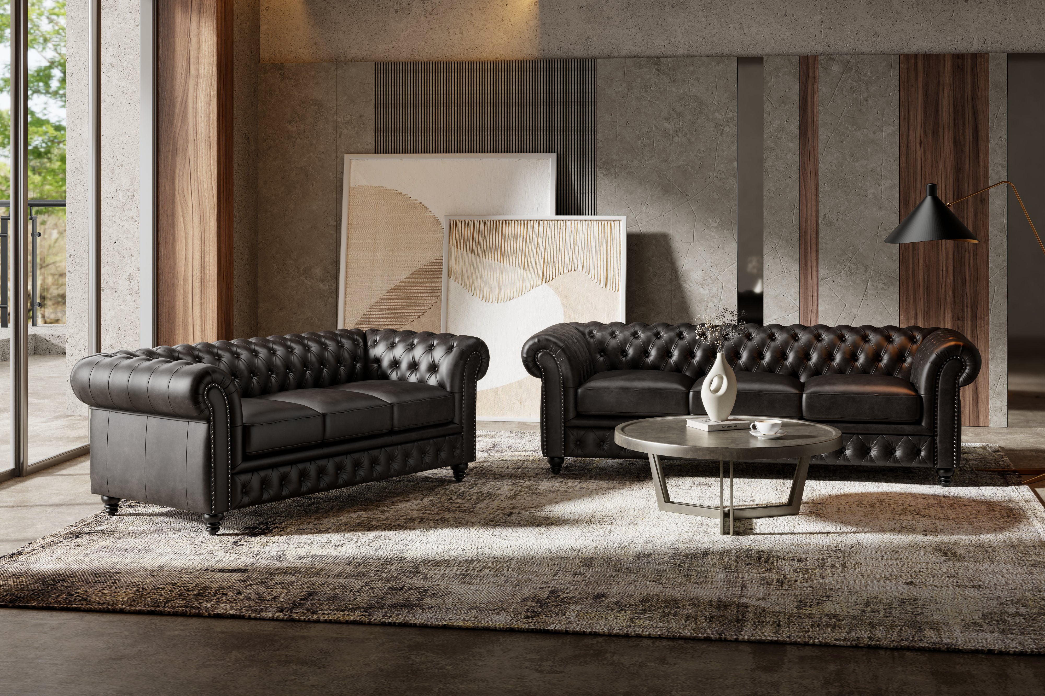 Valencia Parma 92" Full Aniline Leather Chesterfield Three Seats Sofa, Black