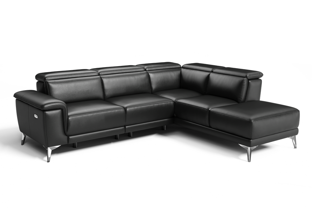 Valencia Pista Modern Top Grain Leather Reclining Sectional Sofa with Right-Hand Facing Chaise, Black Front View