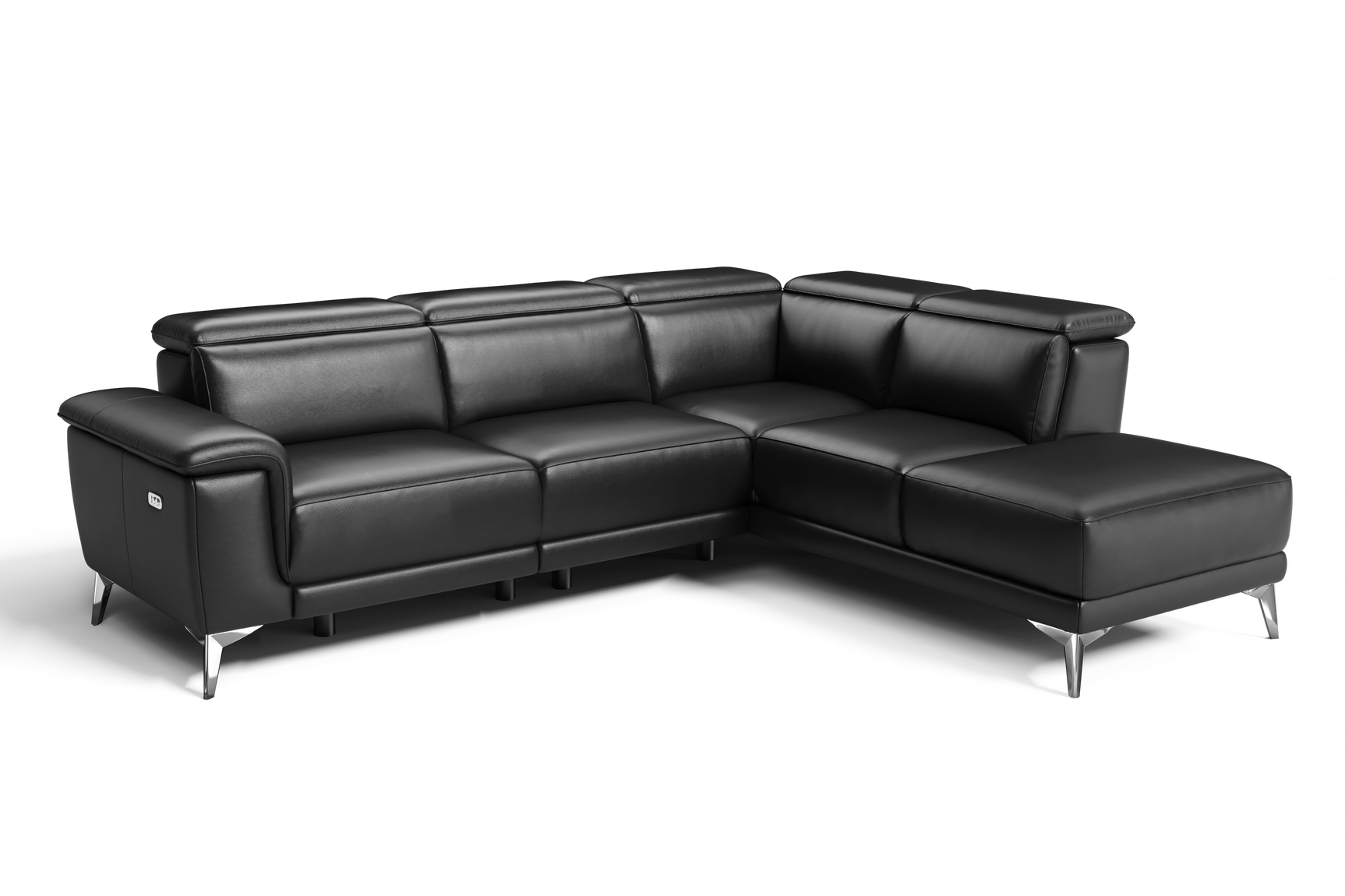 Valencia Pista Modern Top Grain Leather Reclining Sectional Sofa with Right-Hand Facing Chaise, Black Front View