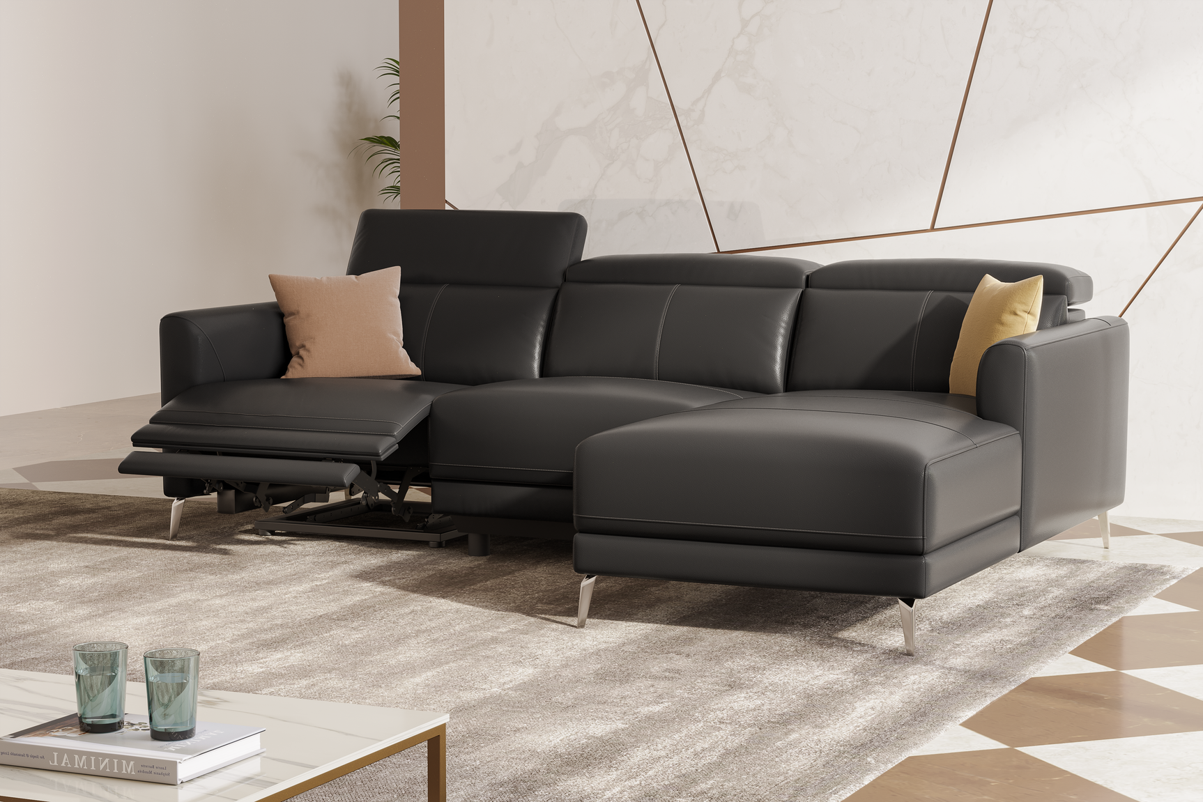 Valencia Andria Black Leather Reclining Sectional Sofa | Modern Luxury Scene diagram