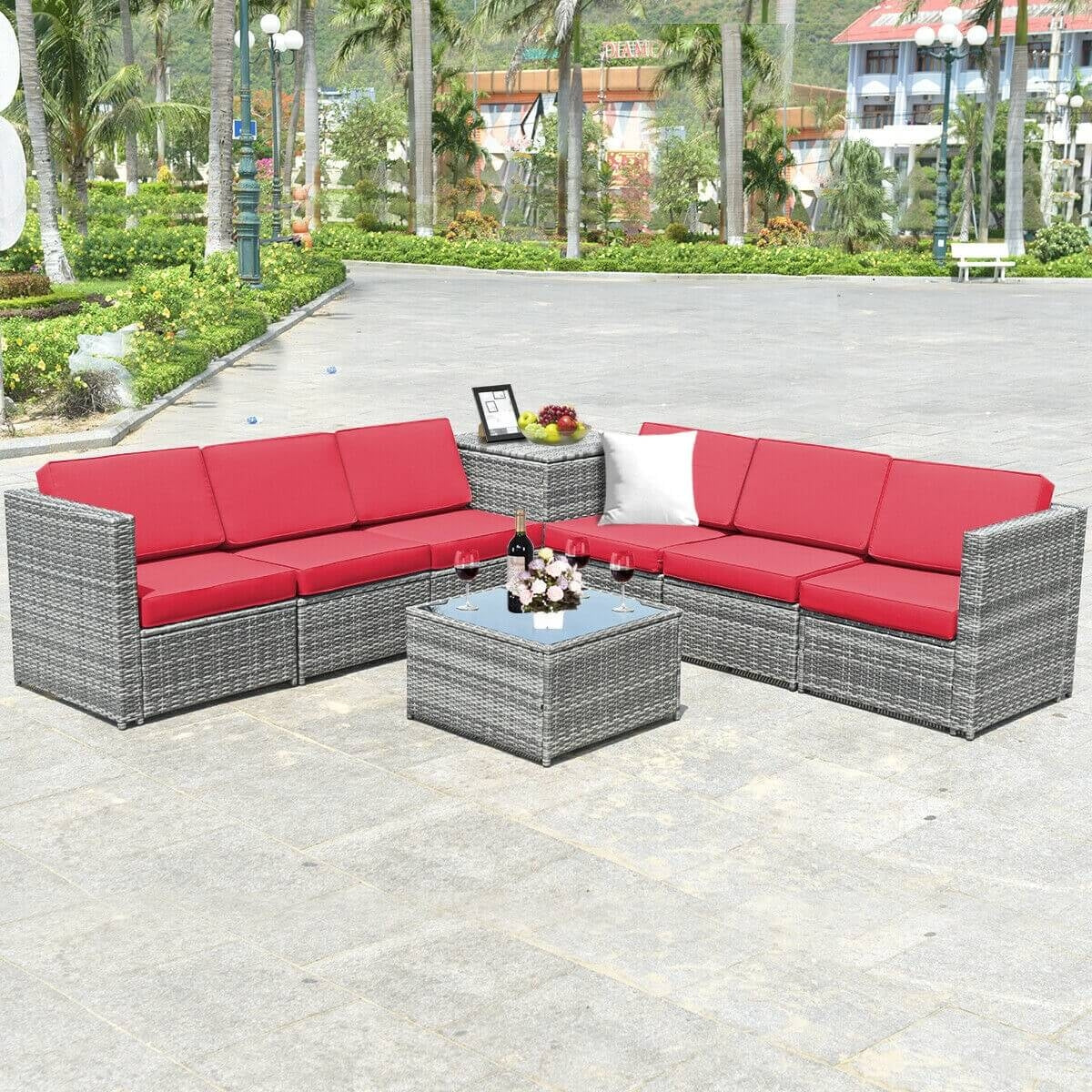 8 Piece Wicker Sofa Rattan Dinning Set Patio Furniture with Storage Table