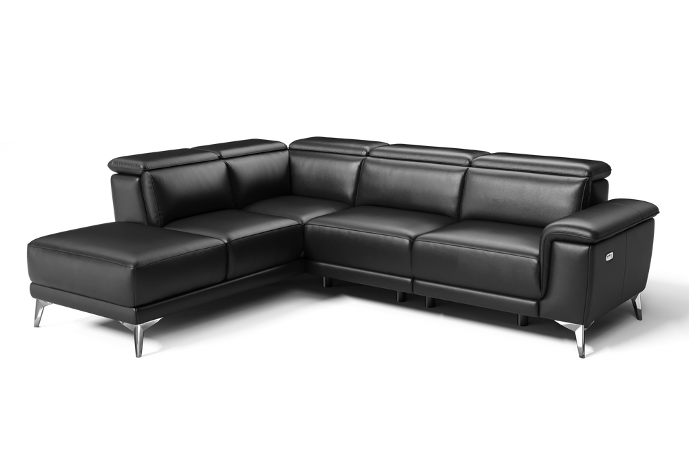 Valencia Pista Modern Top Grain Leather Reclining Sectional Sofa with Left-Hand Facing Chaise, Black Front View