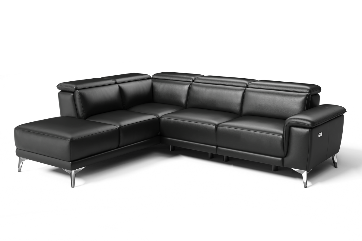 Pista Modern Top Grain Leather Lefthand Facing Sectional, Black