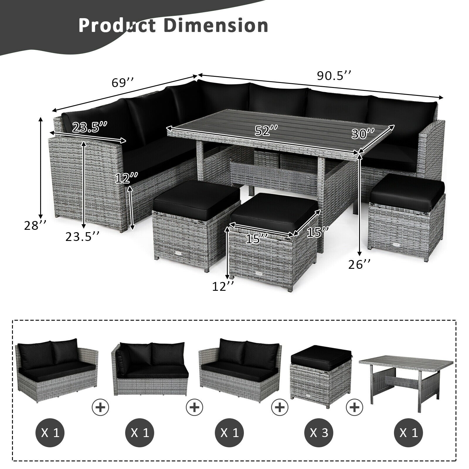 7 Pieces Patio Rattan Dining Furniture Sectional Sofa Set with Wicker Ottoman
