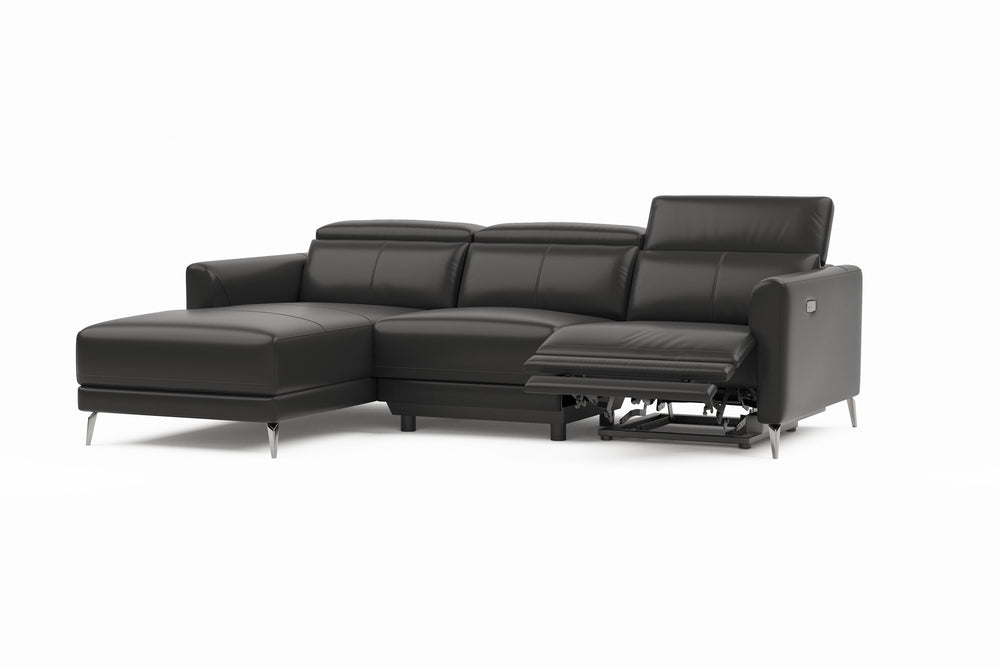 Valencia Andria Modern Left Hand Facing Top Grain Leather Reclining Sectional Sofa, Black Color White background picture