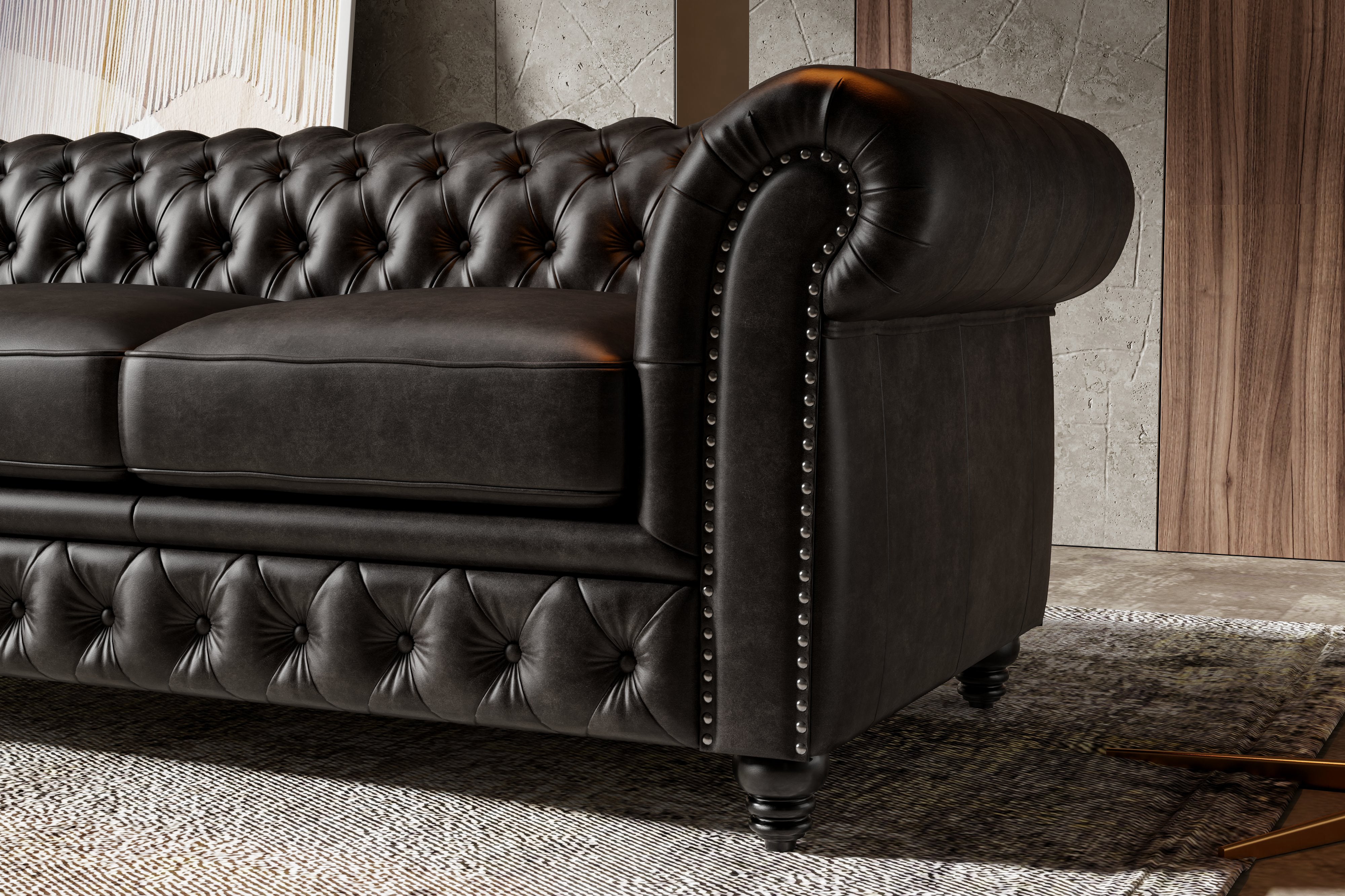 Valencia Parma 92" Full Aniline Leather Chesterfield Three Seats Sofa, Black