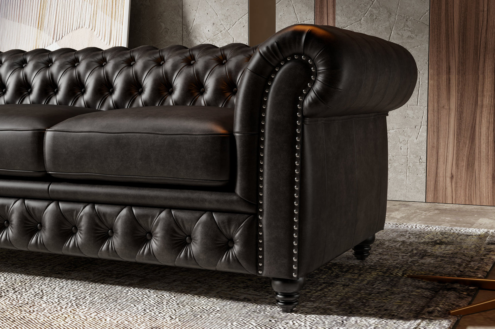 Valencia Parma 92" Full Aniline Leather Chesterfield Three Seats Sofa, Black