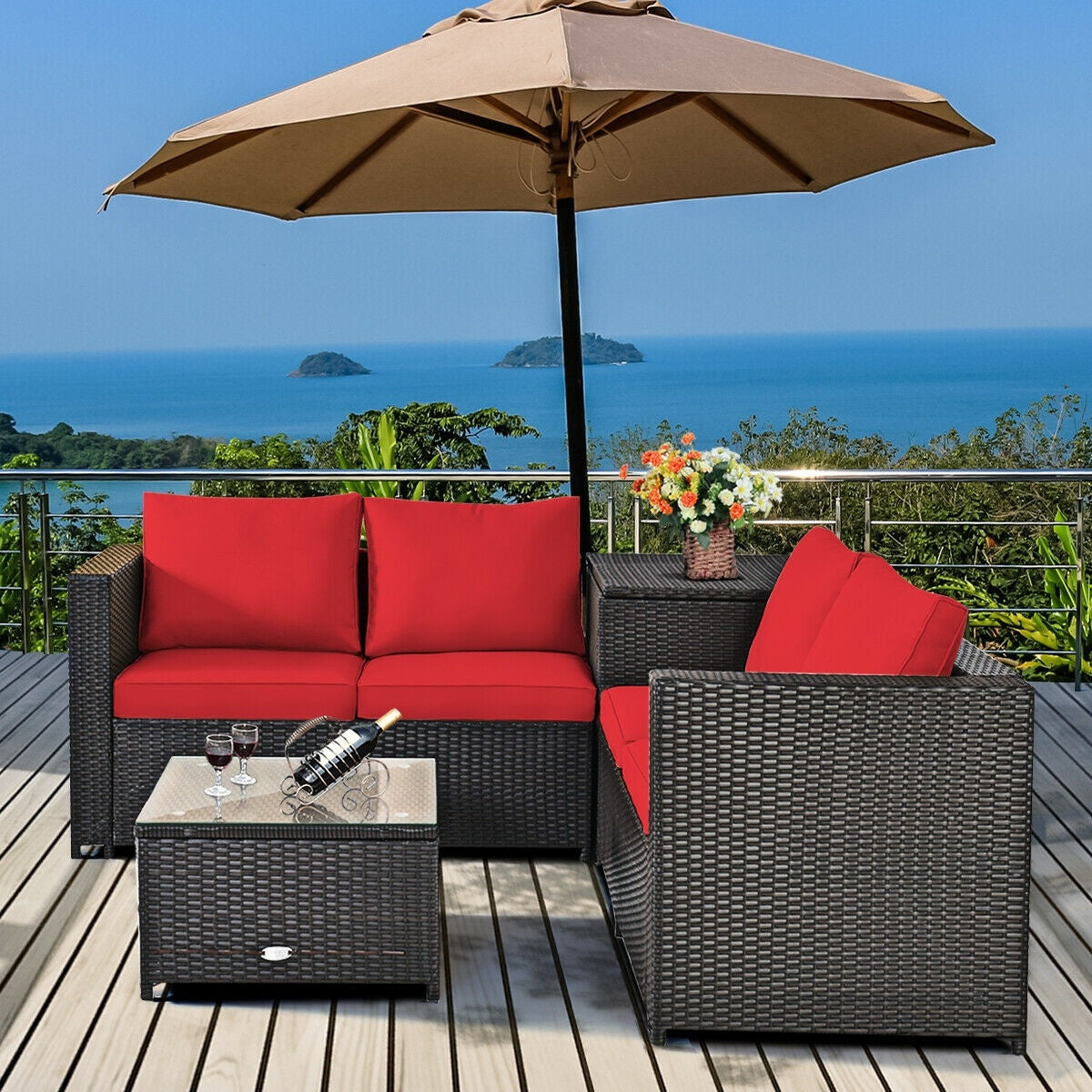 4 Pieces Outdoor Patio Rattan Furniture Set with Cushioned Loveseat and Storage Box