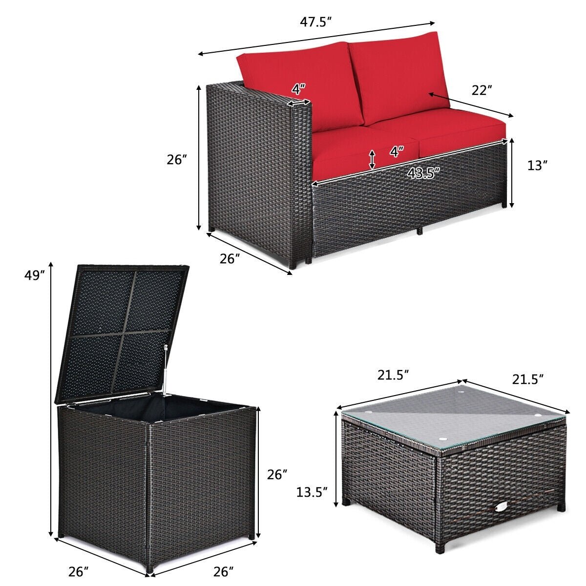 4 Pieces Outdoor Patio Rattan Furniture Set with Cushioned Loveseat and Storage Box