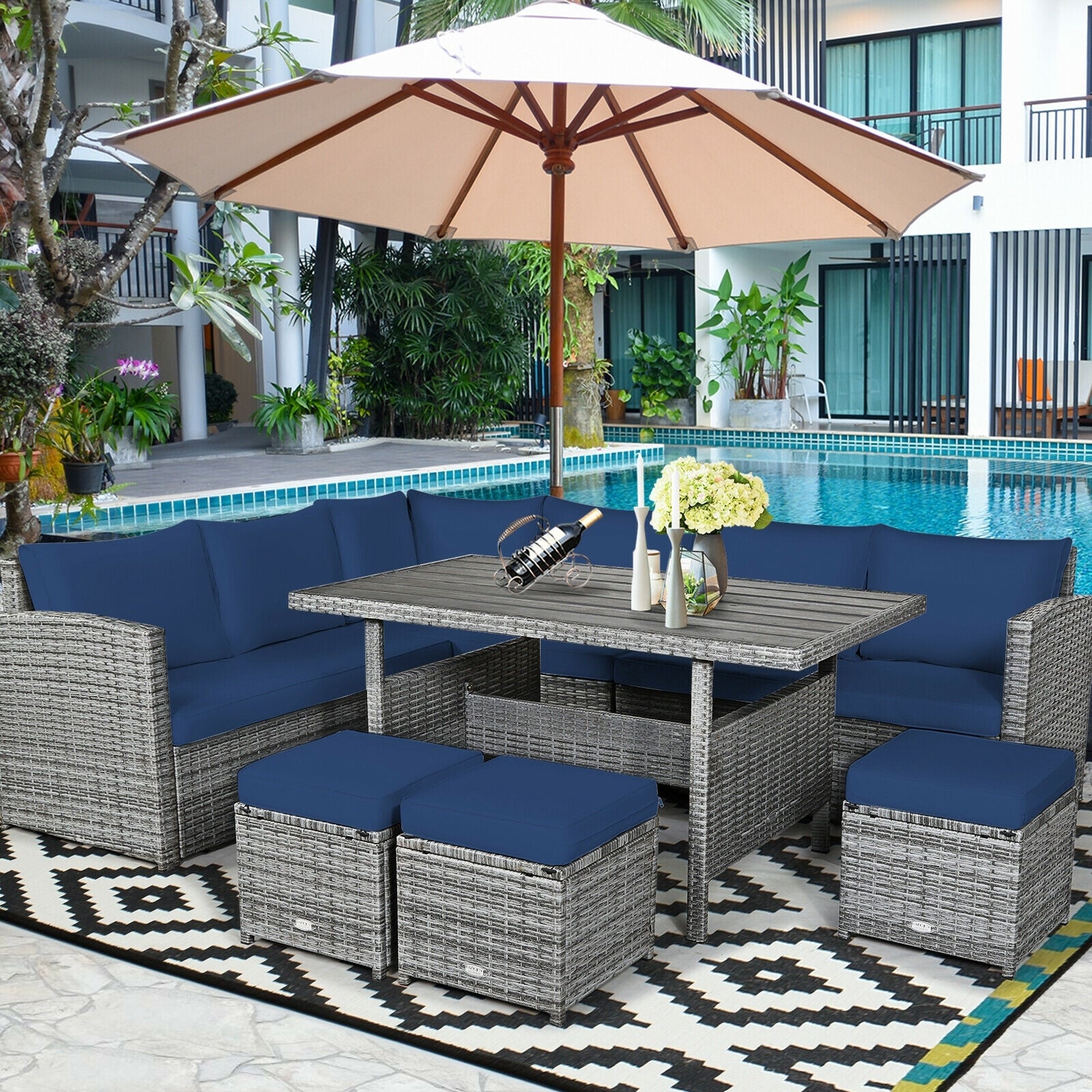7 Pieces Patio Rattan Dining Furniture Sectional Sofa Set with Wicker Ottoman