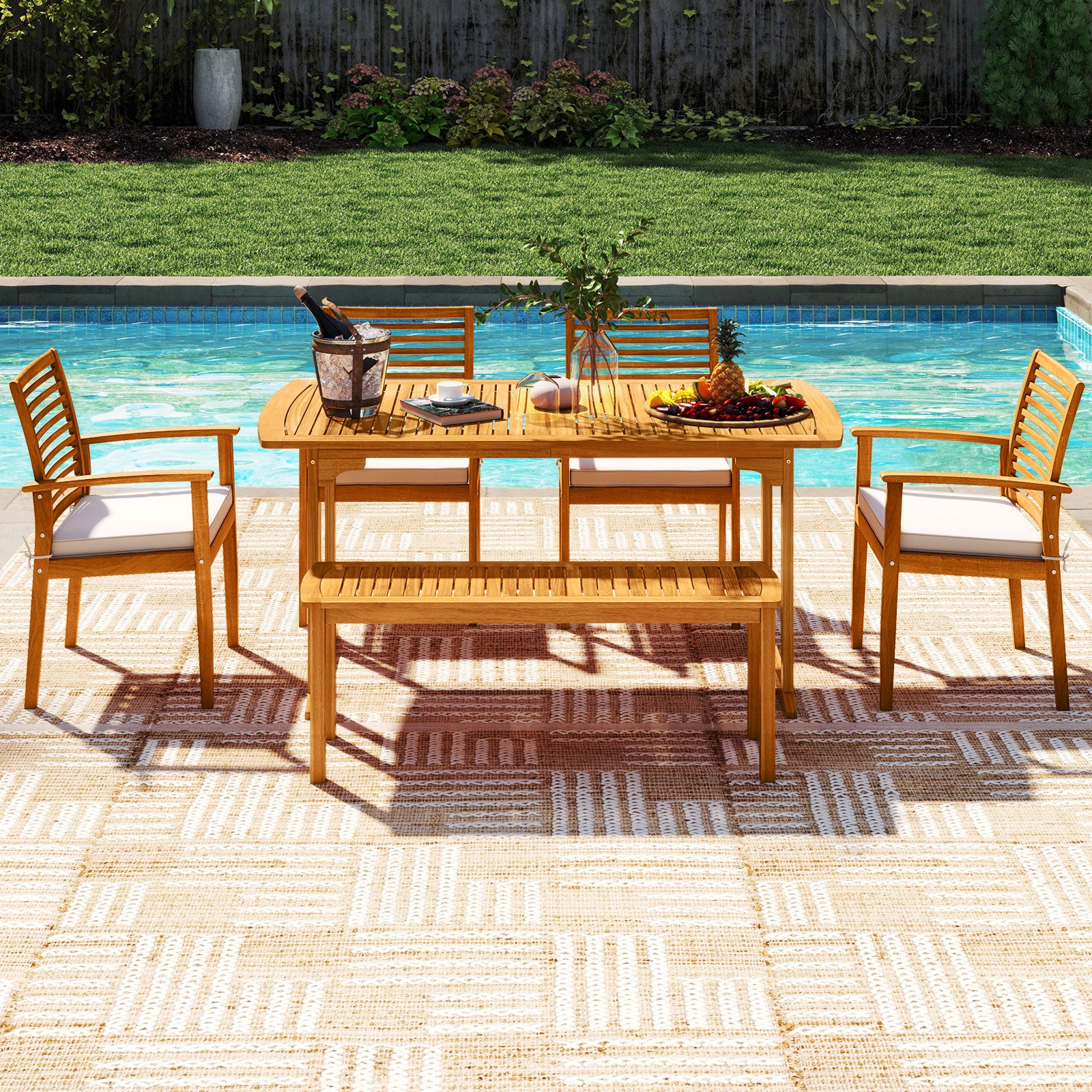 6 Pieces Outdoor Acacia Wood Dining Set with Umbrella Hole