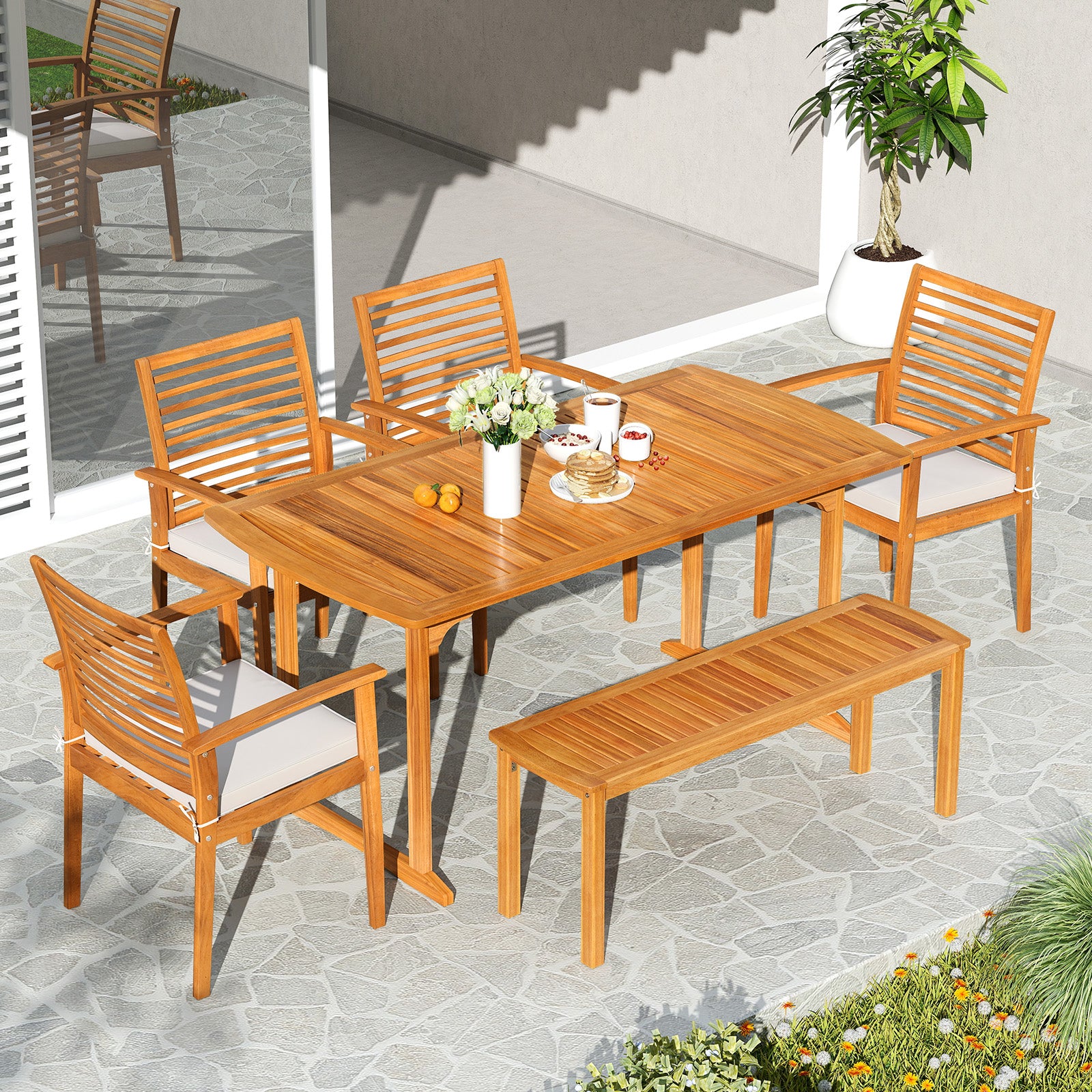 6 Pieces Outdoor Acacia Wood Dining Set with Umbrella Hole