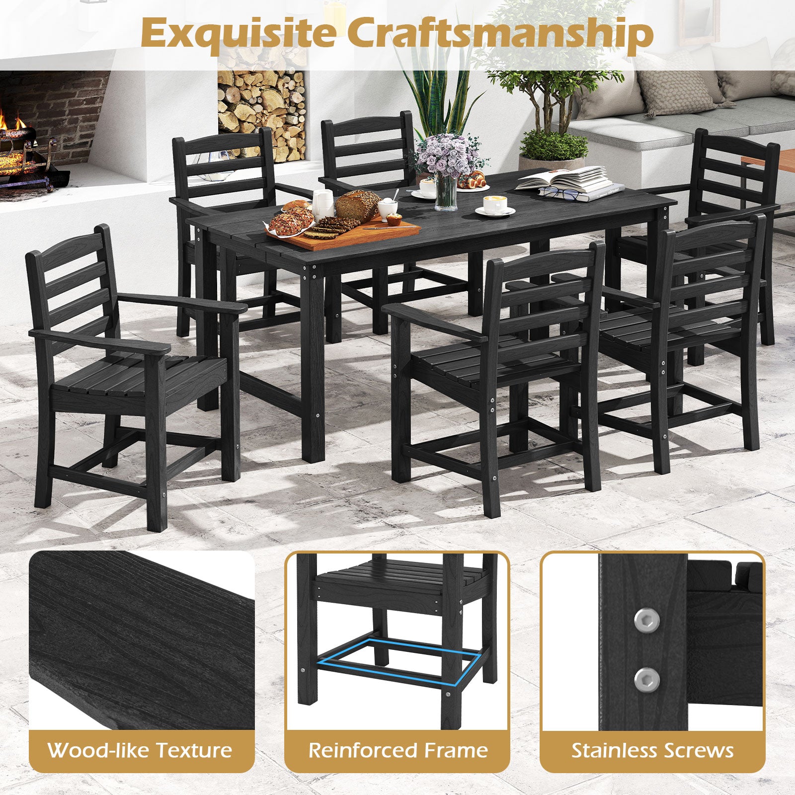 6 Pieces Patio Dining Bench Set Outdoor HDPE Weather Resistant Table and Chairs Set