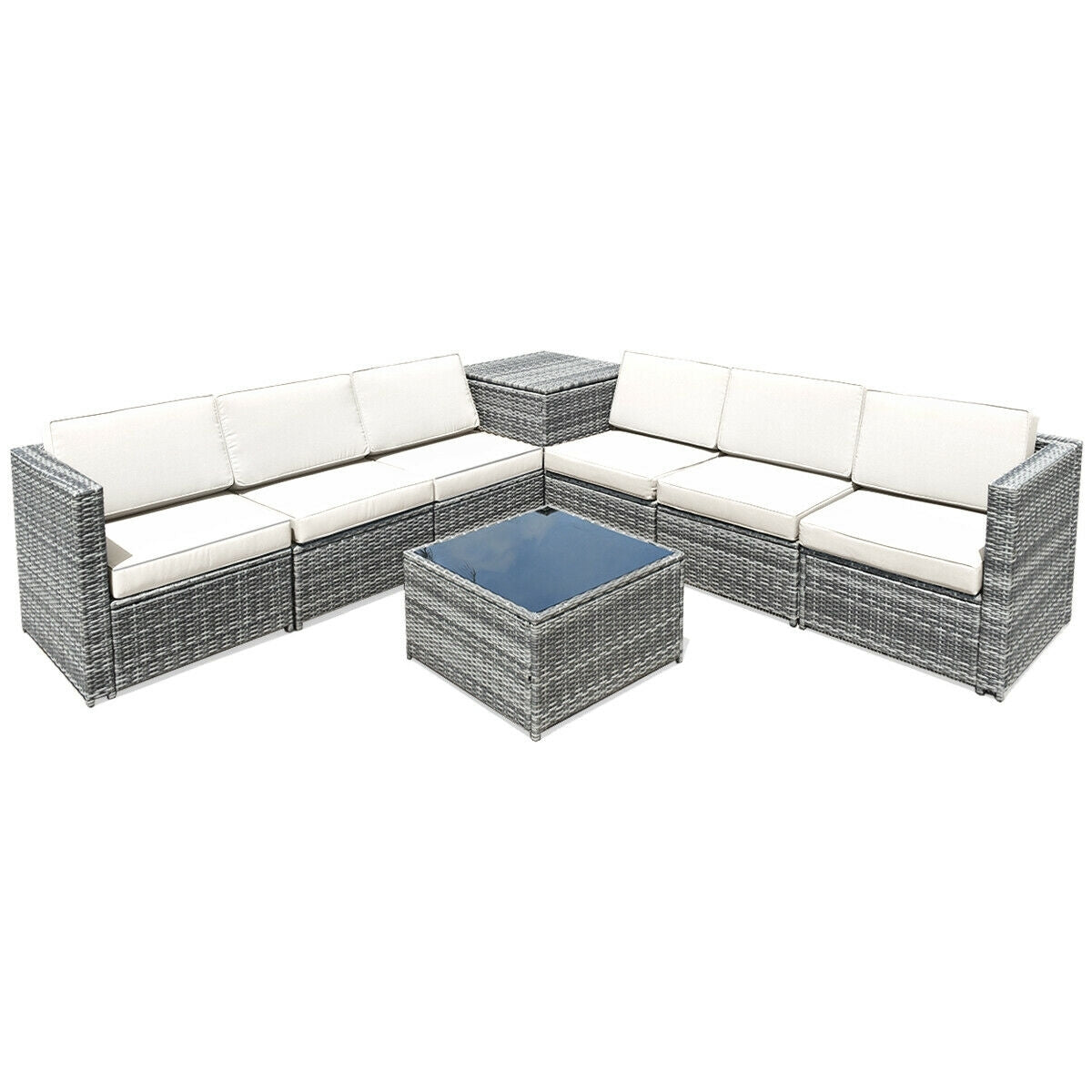 8 Piece Wicker Sofa Rattan Dinning Set Patio Furniture with Storage Table