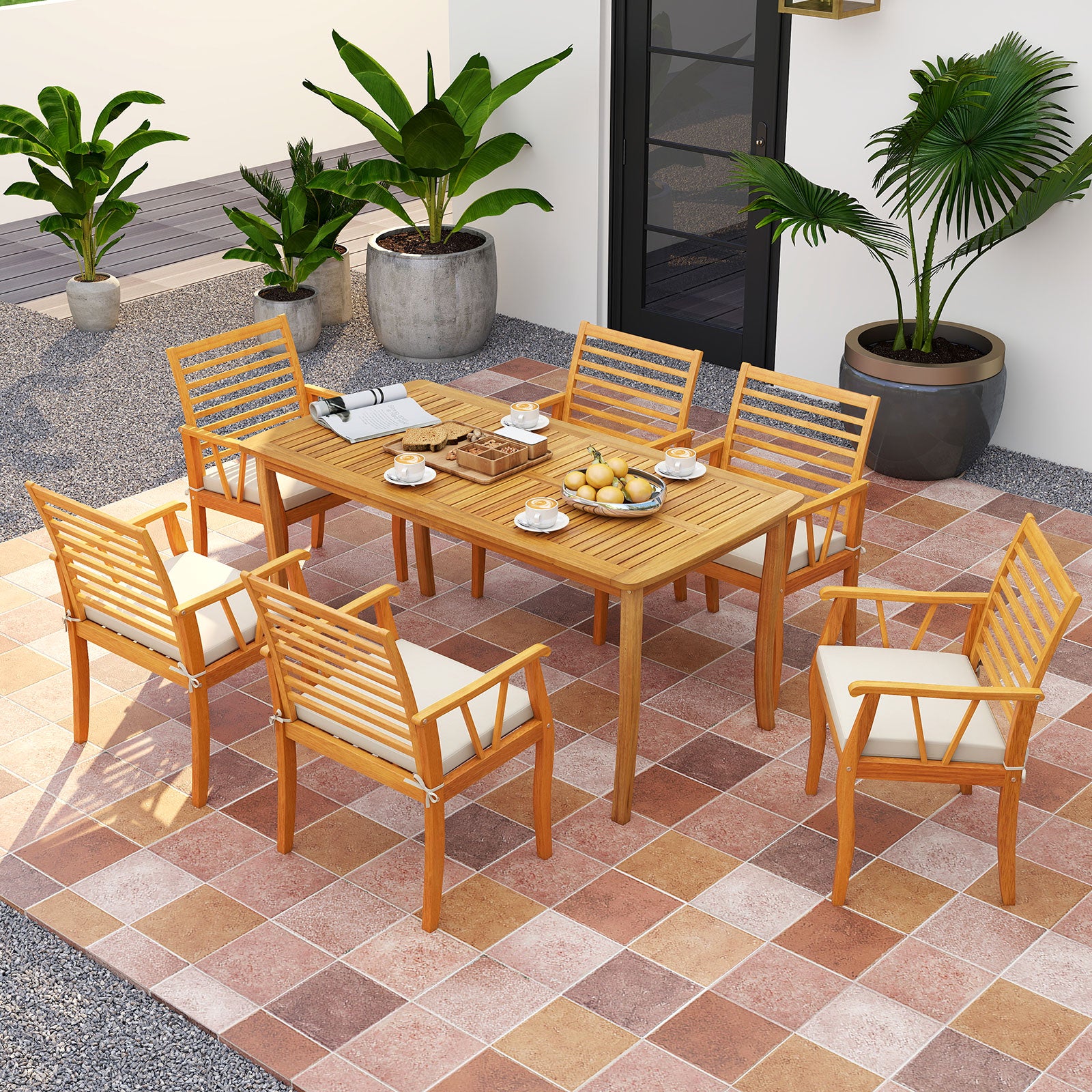 7 Pieces Acacia Wood Patio Dining Set with 1.97 Inch Umbrella Hole and Padded Cushions