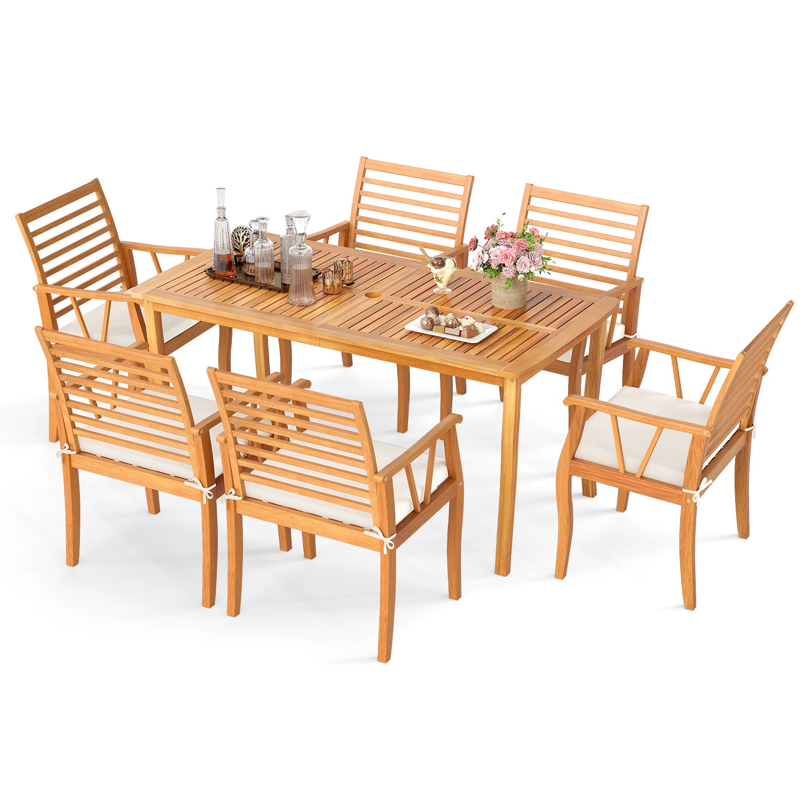 7 Pieces Acacia Wood Patio Dining Set with 1.97 Inch Umbrella Hole and Padded Cushions