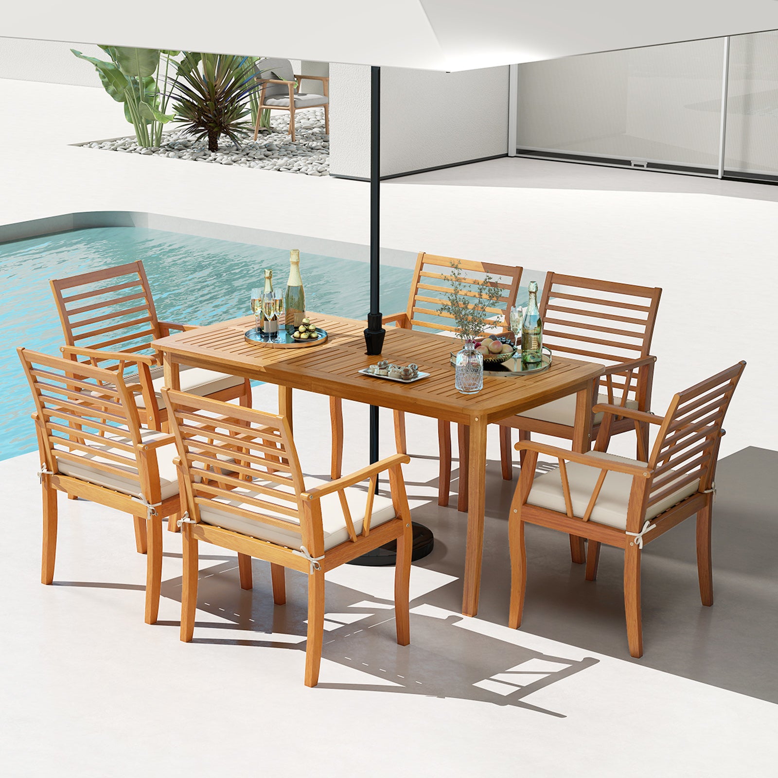 7 Pieces Acacia Wood Patio Dining Set with 1.97 Inch Umbrella Hole and Padded Cushions