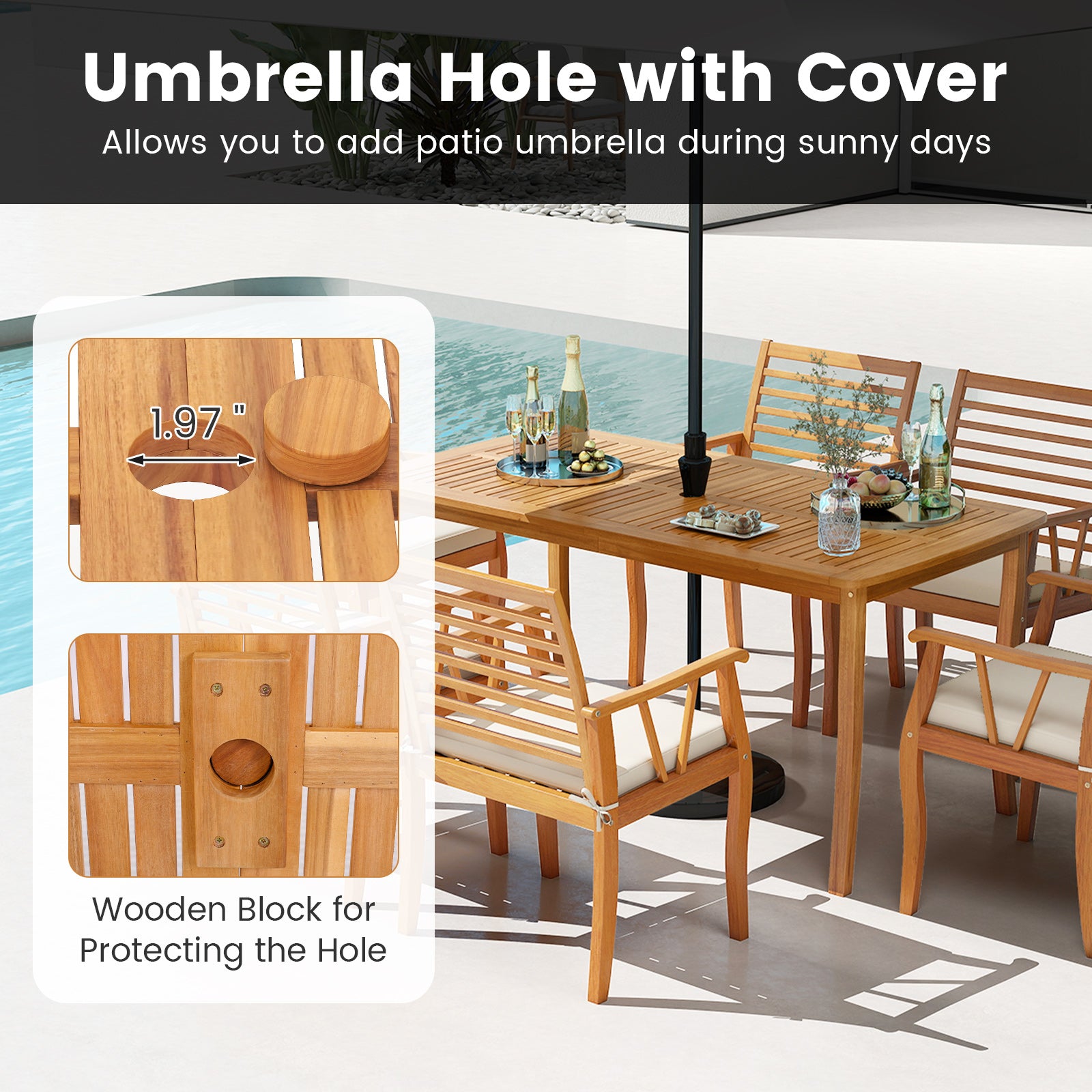 7 Pieces Acacia Wood Patio Dining Set with 1.97 Inch Umbrella Hole and Padded Cushions