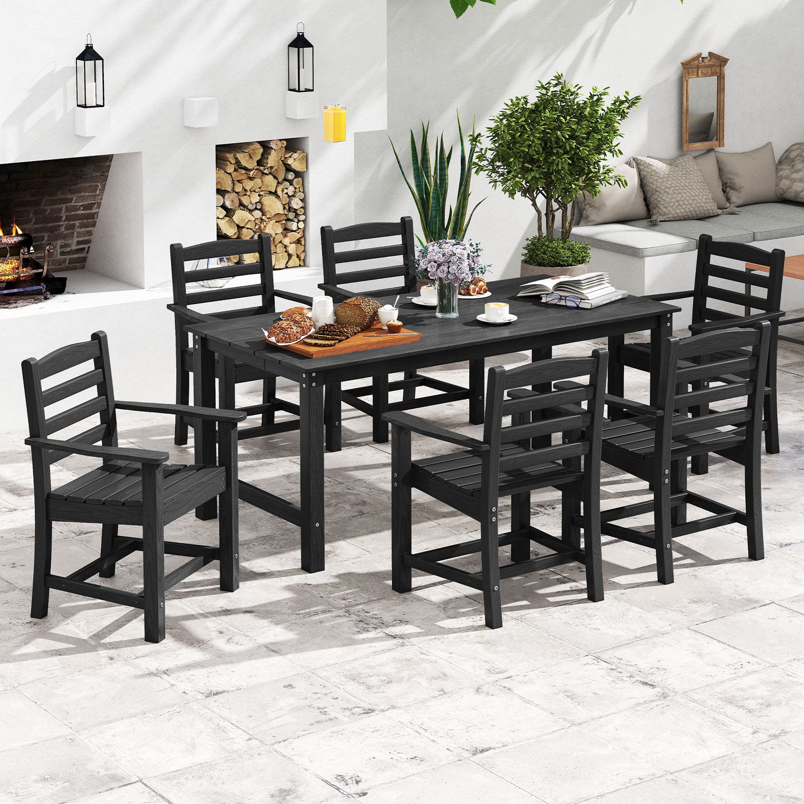 7 Pieces Outdoor Dining Table Set for 6 People 67 Inch HDPE Patio Rectangle Table and 6 Armchairs