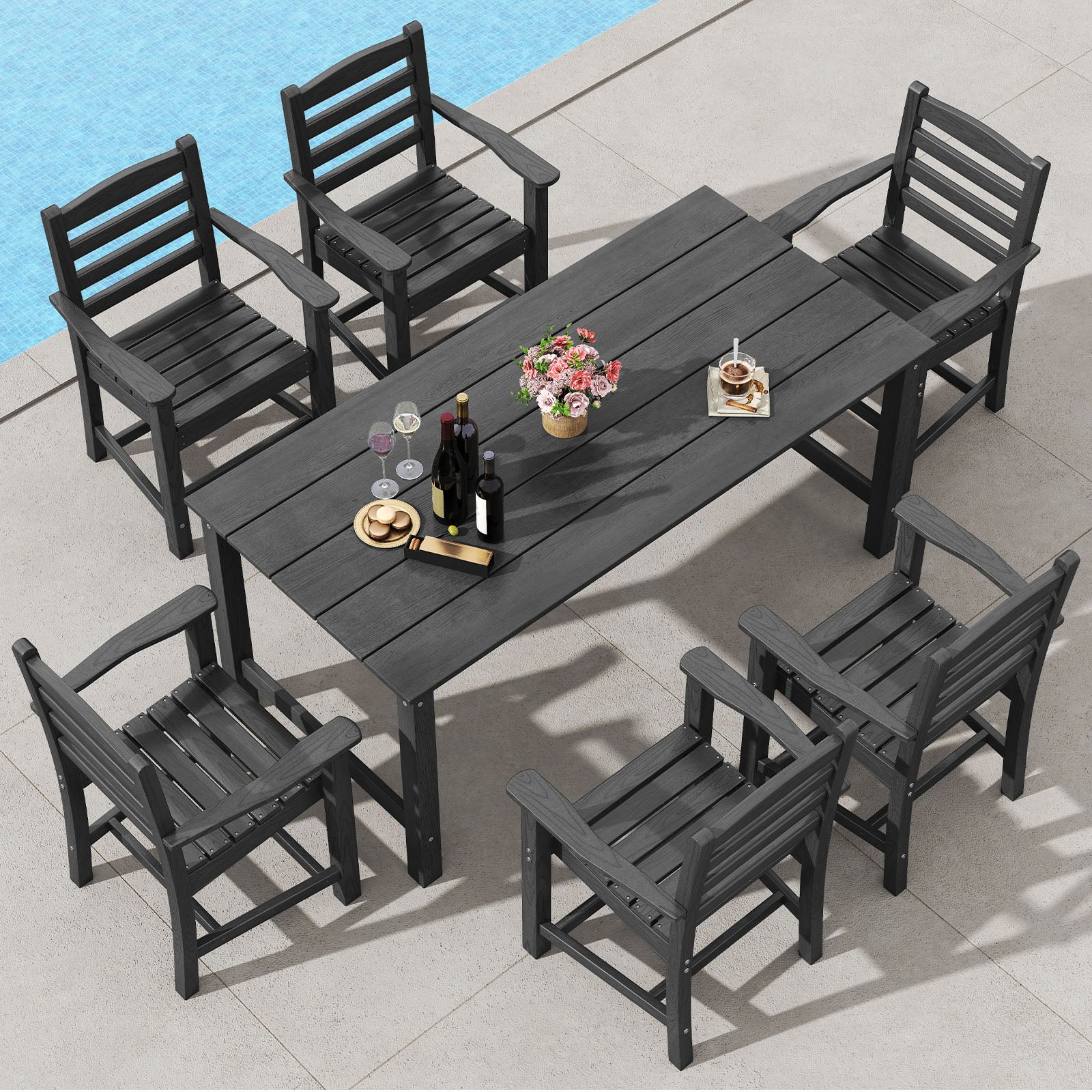 7 Pieces Outdoor Dining Table Set for 6 People 67 Inch HDPE Patio Rectangle Table and 6 Armchairs