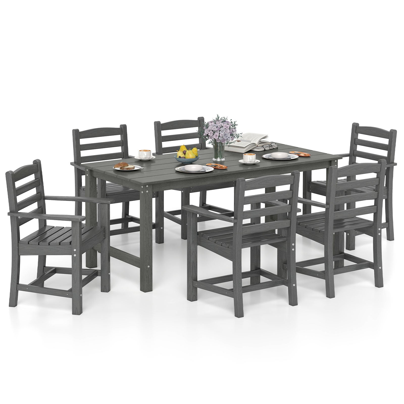 7 Pieces Outdoor Dining Table Set for 6 People 67 Inch HDPE Patio Rectangle Table and 6 Armchairs