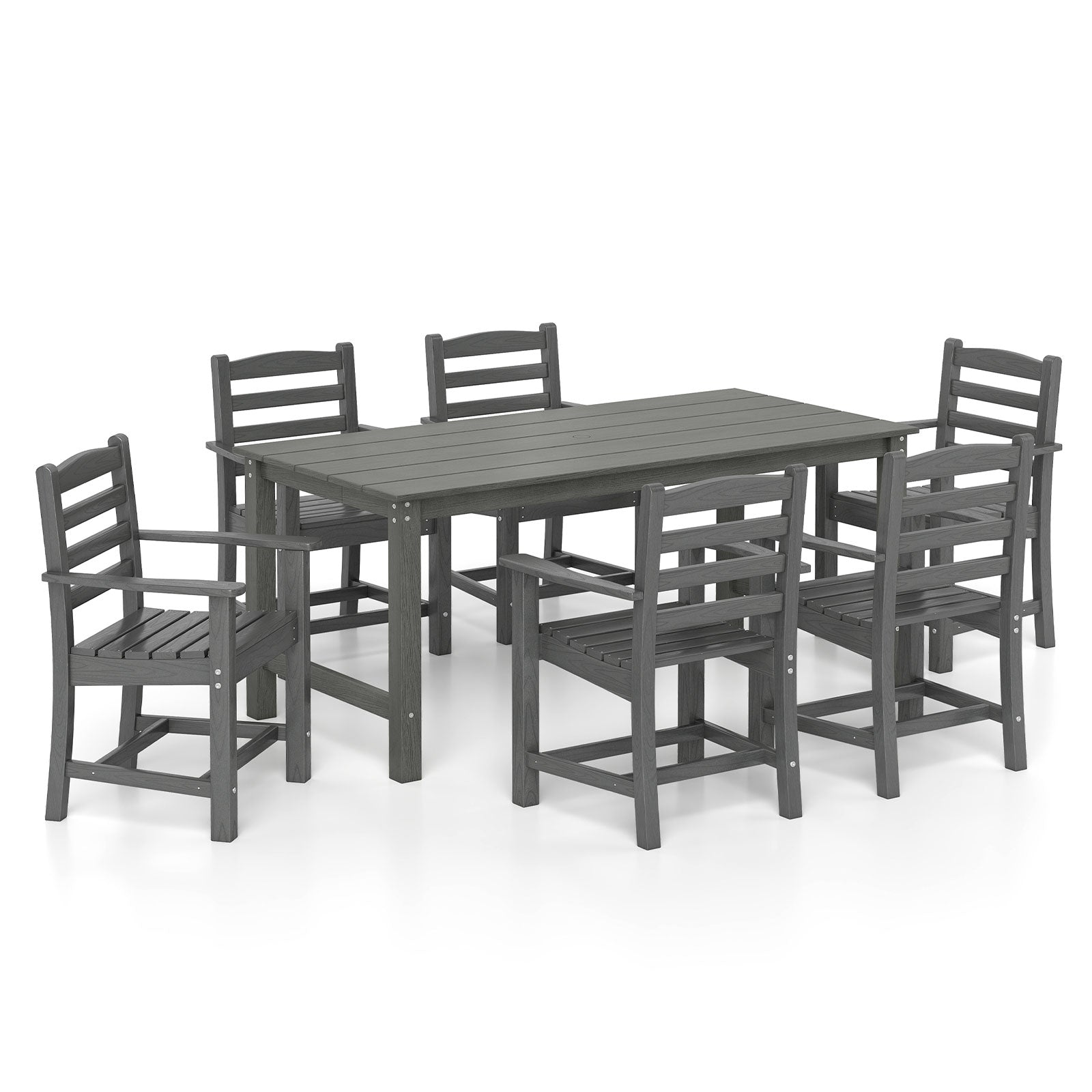 7 Pieces Outdoor Dining Table Set for 6 People 67 Inch HDPE Patio Rectangle Table and 6 Armchairs