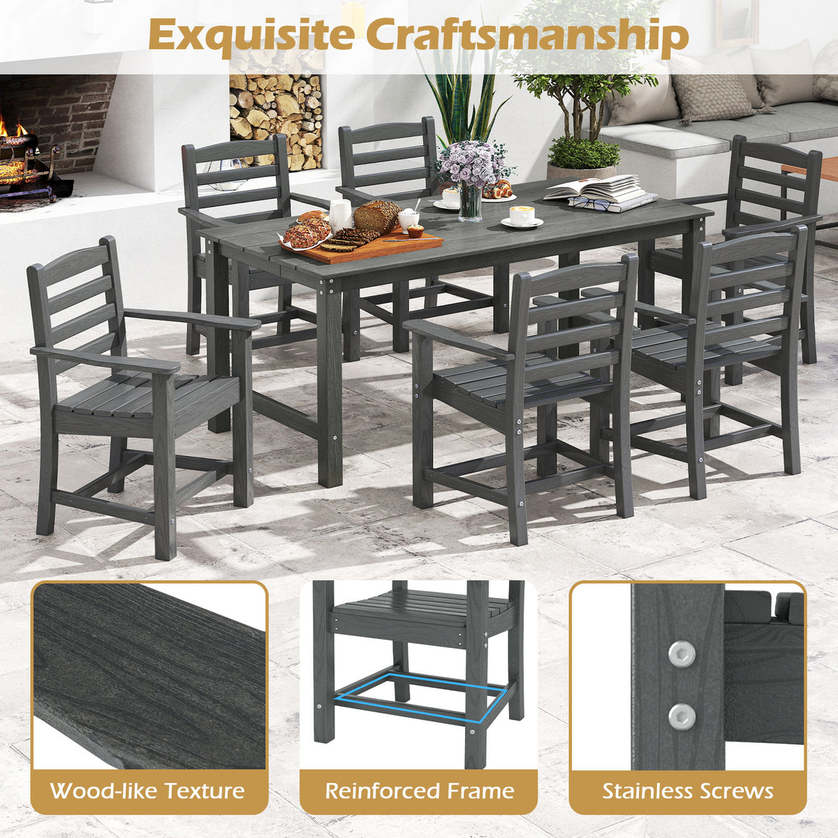7 Pieces Outdoor Dining Table Set for 6 People 67 Inch HDPE Patio Rectangle Table and 6 Armchairs