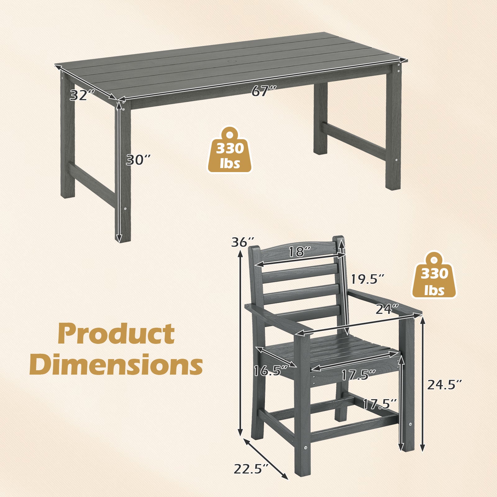 7 Pieces Outdoor Dining Table Set for 6 People 67 Inch HDPE Patio Rectangle Table and 6 Armchairs