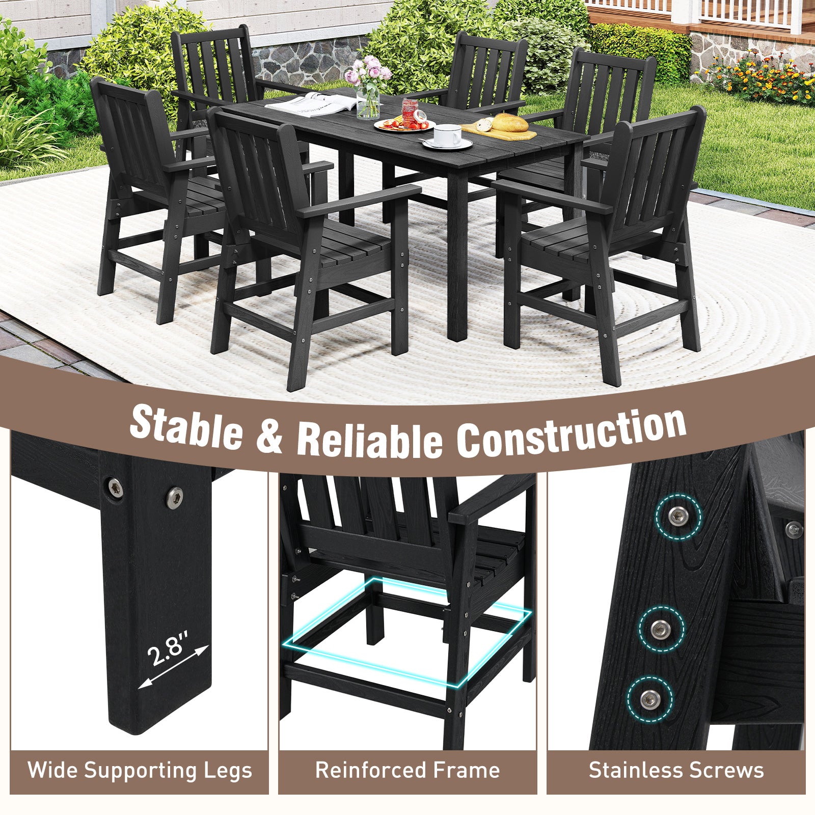 7 Pieces Patio Dining Set Outdoor HDPE Weather Resistant Table and Chairs Set