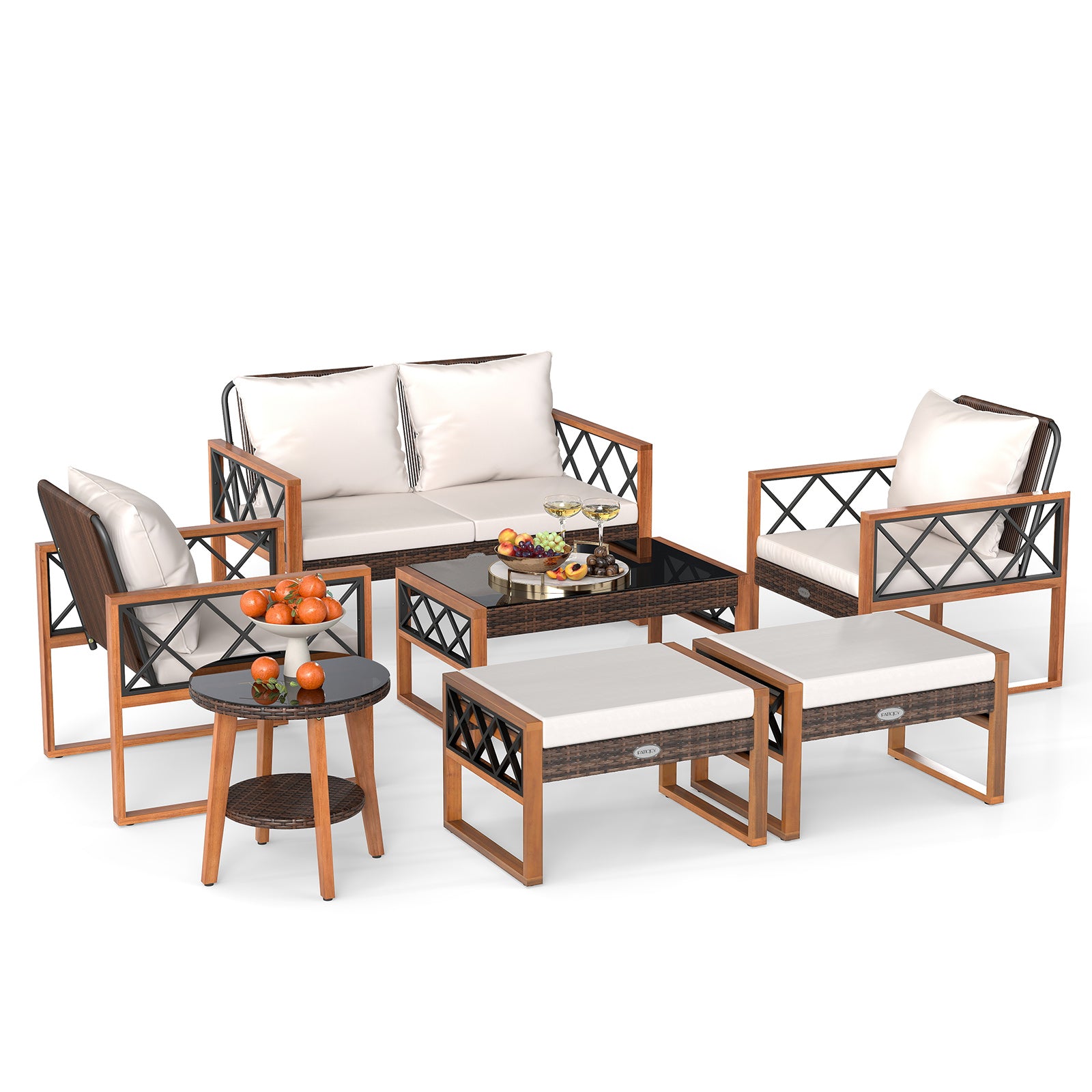 7 Pieces Patio Furniture Set PE Wicker Acacia Wood Outdoor Conversation Set-Natural