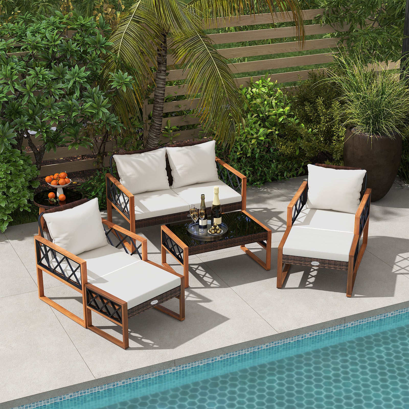 7 Pieces Patio Furniture Set PE Wicker Acacia Wood Outdoor Conversation Set-Natural