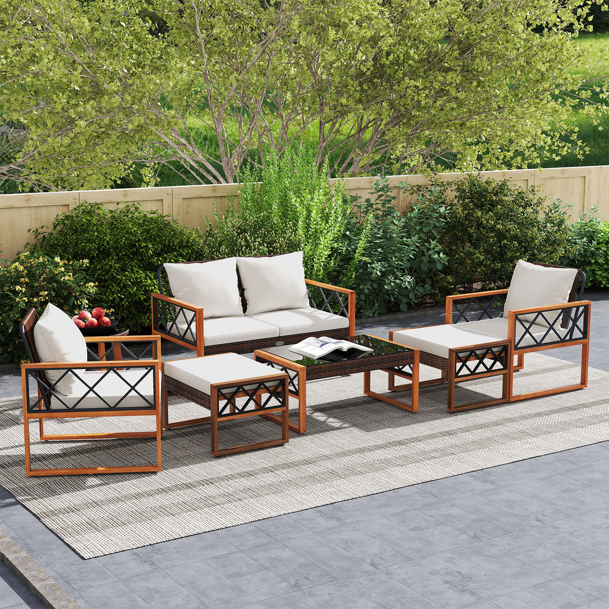 7 Pieces Patio Furniture Set PE Wicker Acacia Wood Outdoor Conversation Set-Natural