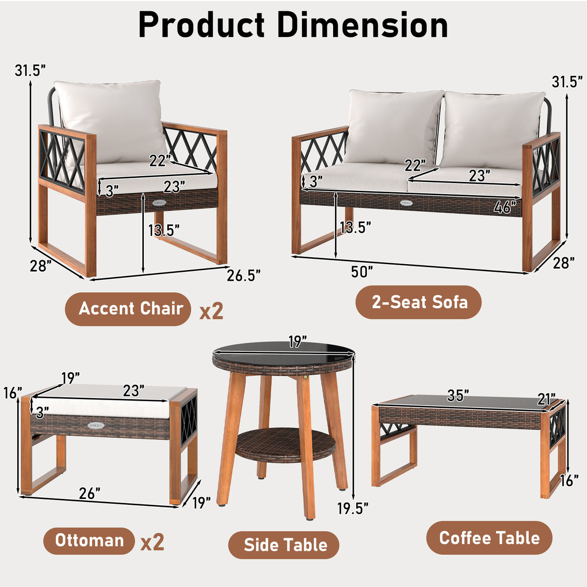 7 Pieces Patio Furniture Set PE Wicker Acacia Wood Outdoor Conversation Set-Natural