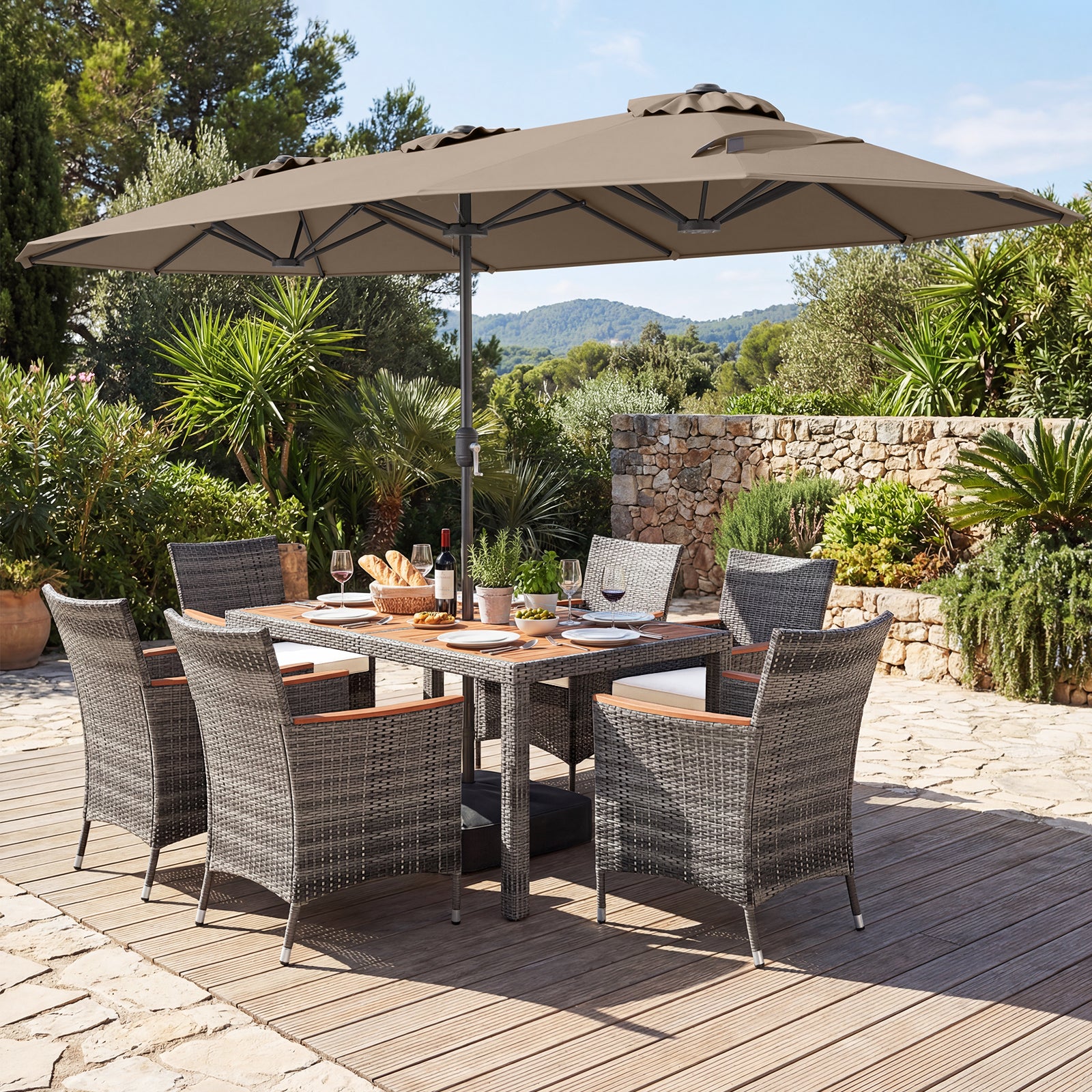 8-Piece Patio Dining Set with Double-Sided Market Umbrella