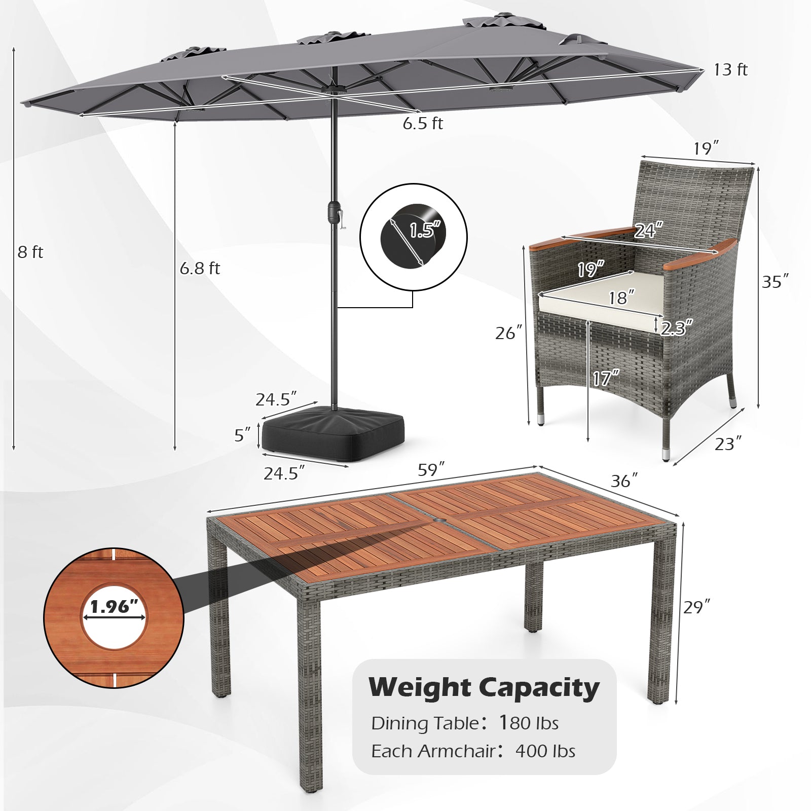 8-Piece Patio Dining Set with Double-Sided Market Umbrella