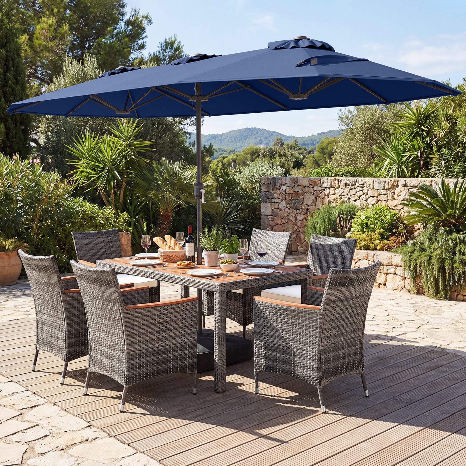 8-Piece Patio Dining Set with Double-Sided Market Umbrella