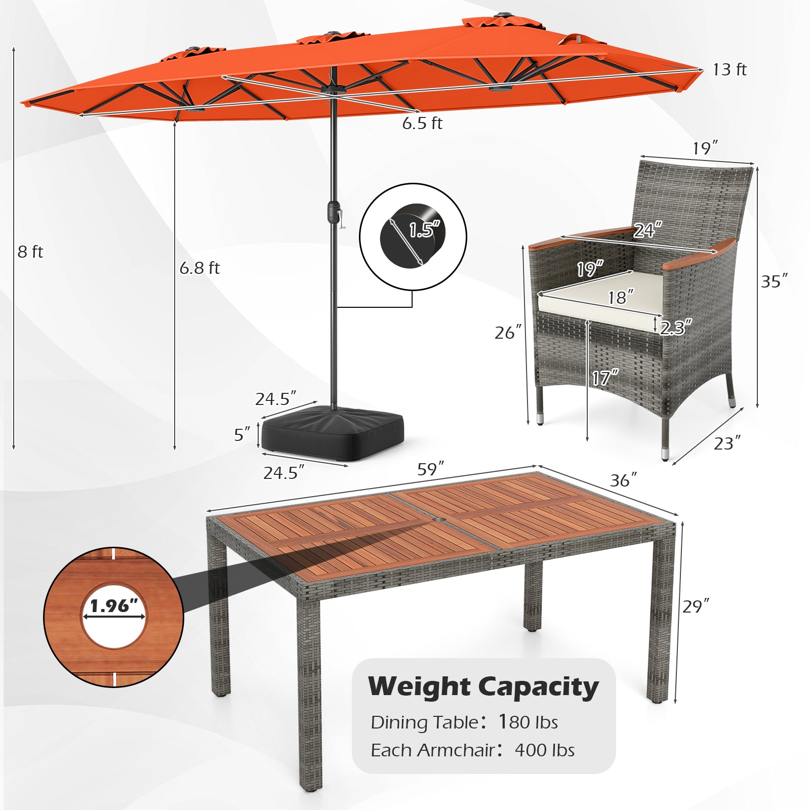 8-Piece Patio Dining Set with Double-Sided Market Umbrella