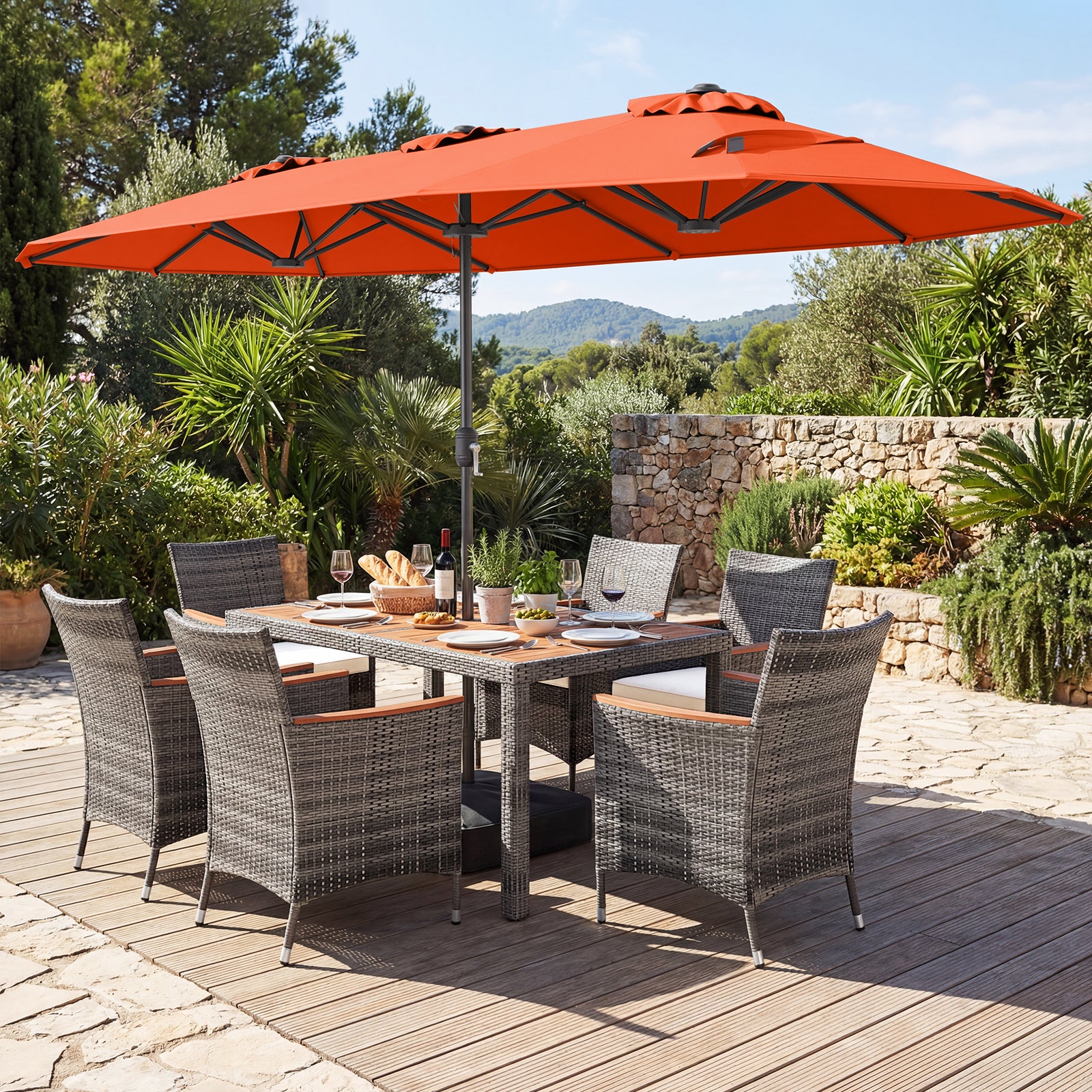 8-Piece Patio Dining Set with Double-Sided Market Umbrella