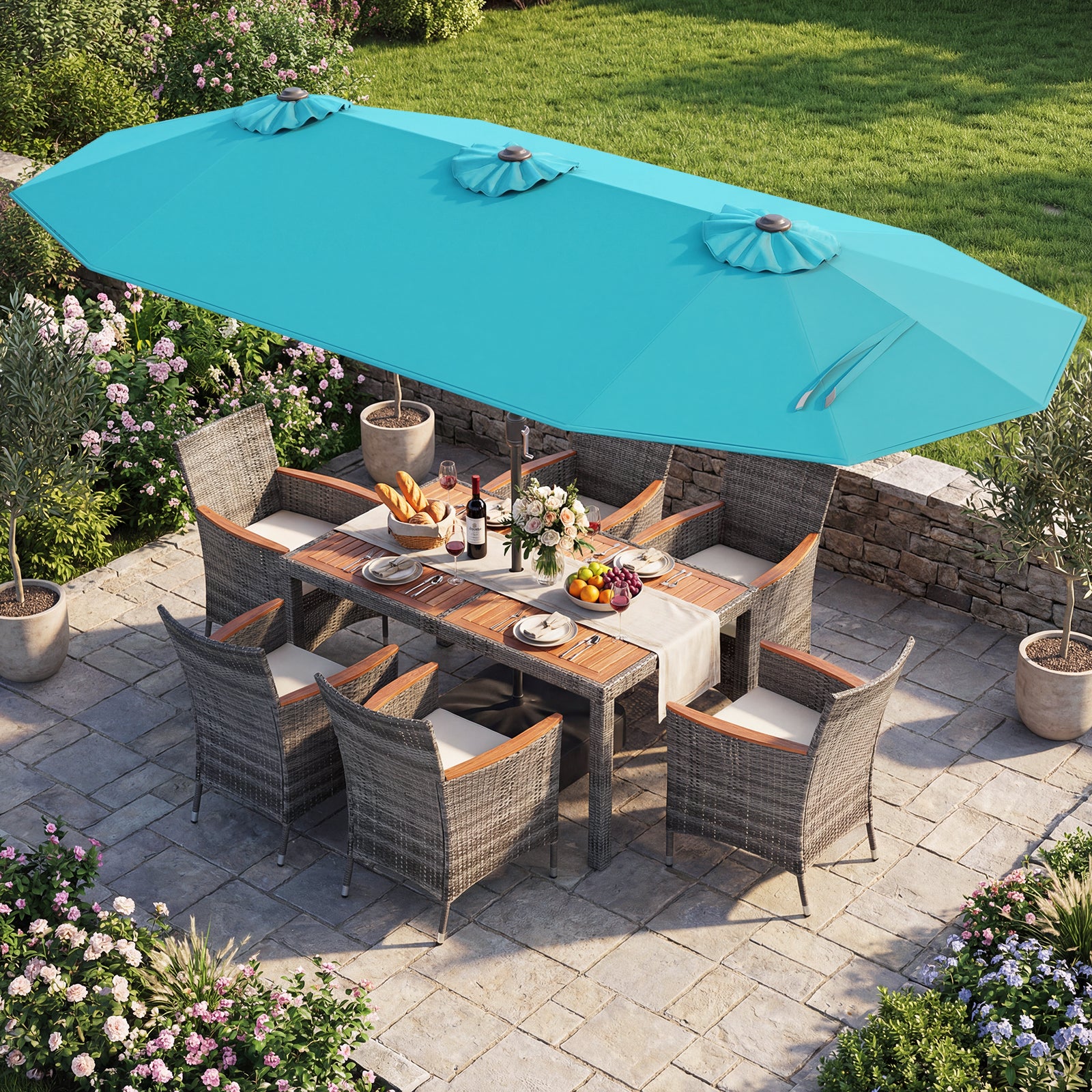 8-Piece Patio Dining Set with Double-Sided Market Umbrella