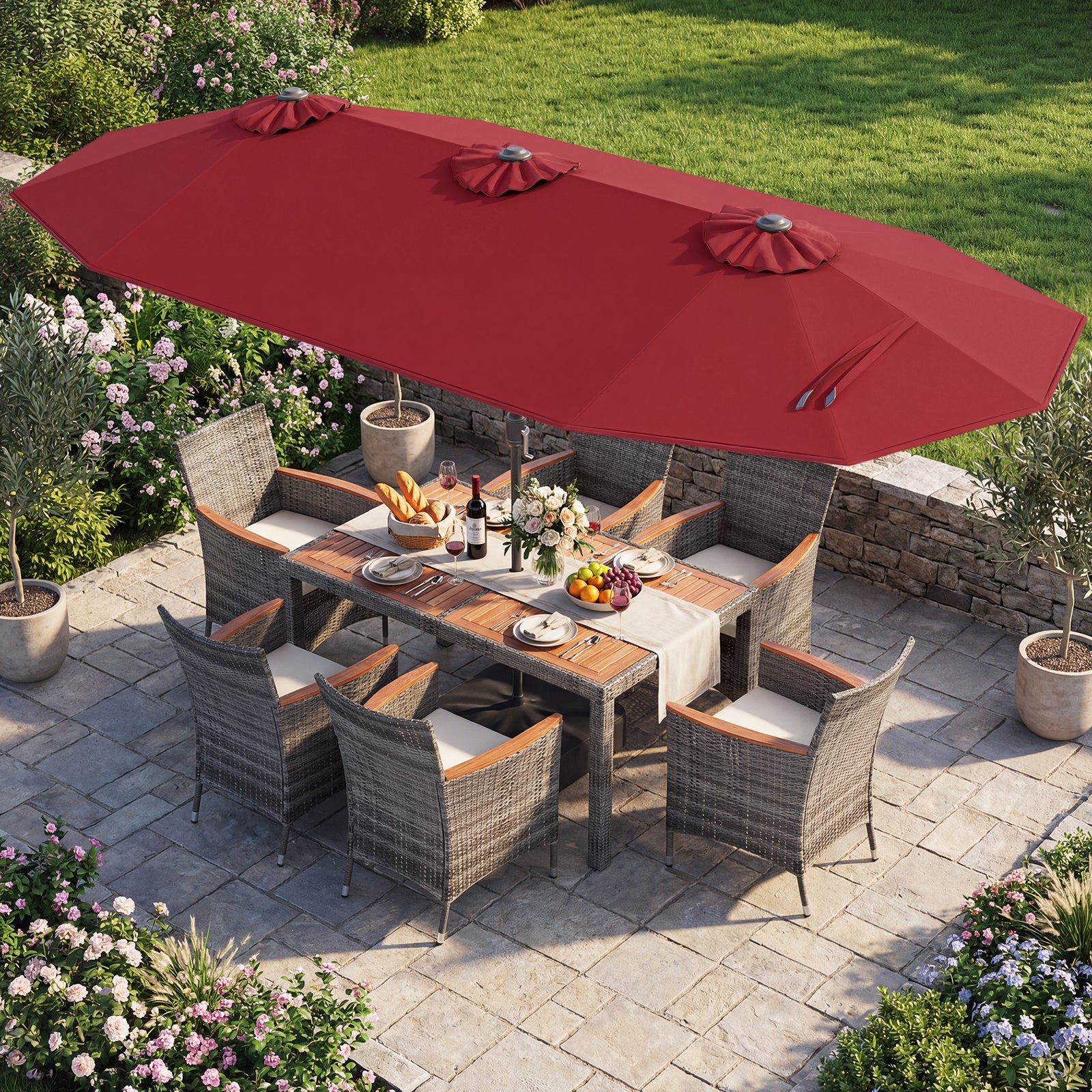 8-Piece Patio Dining Set with Double-Sided Market Umbrella