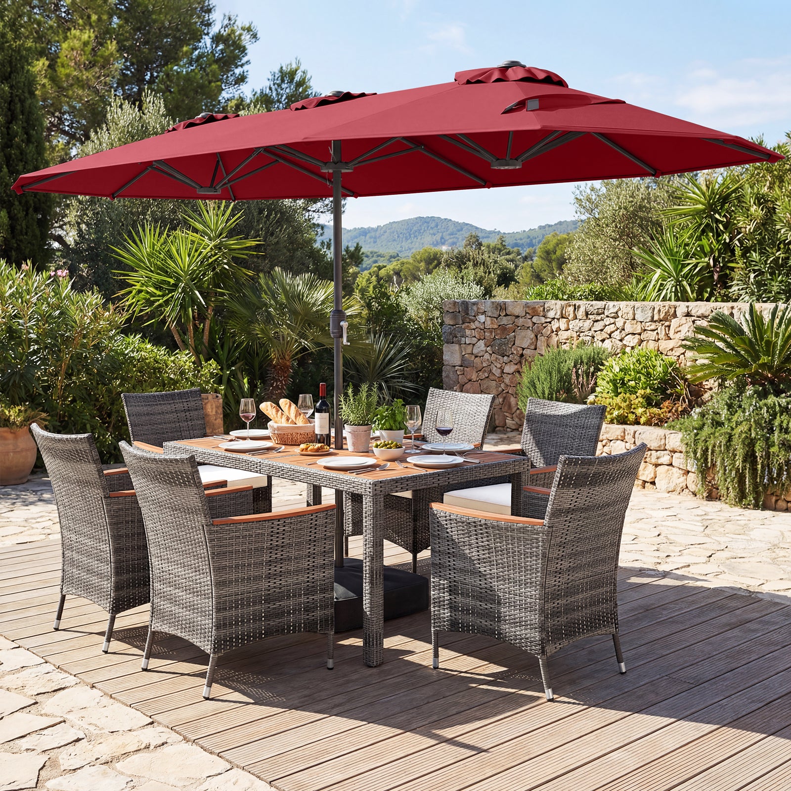 8-Piece Patio Dining Set with Double-Sided Market Umbrella