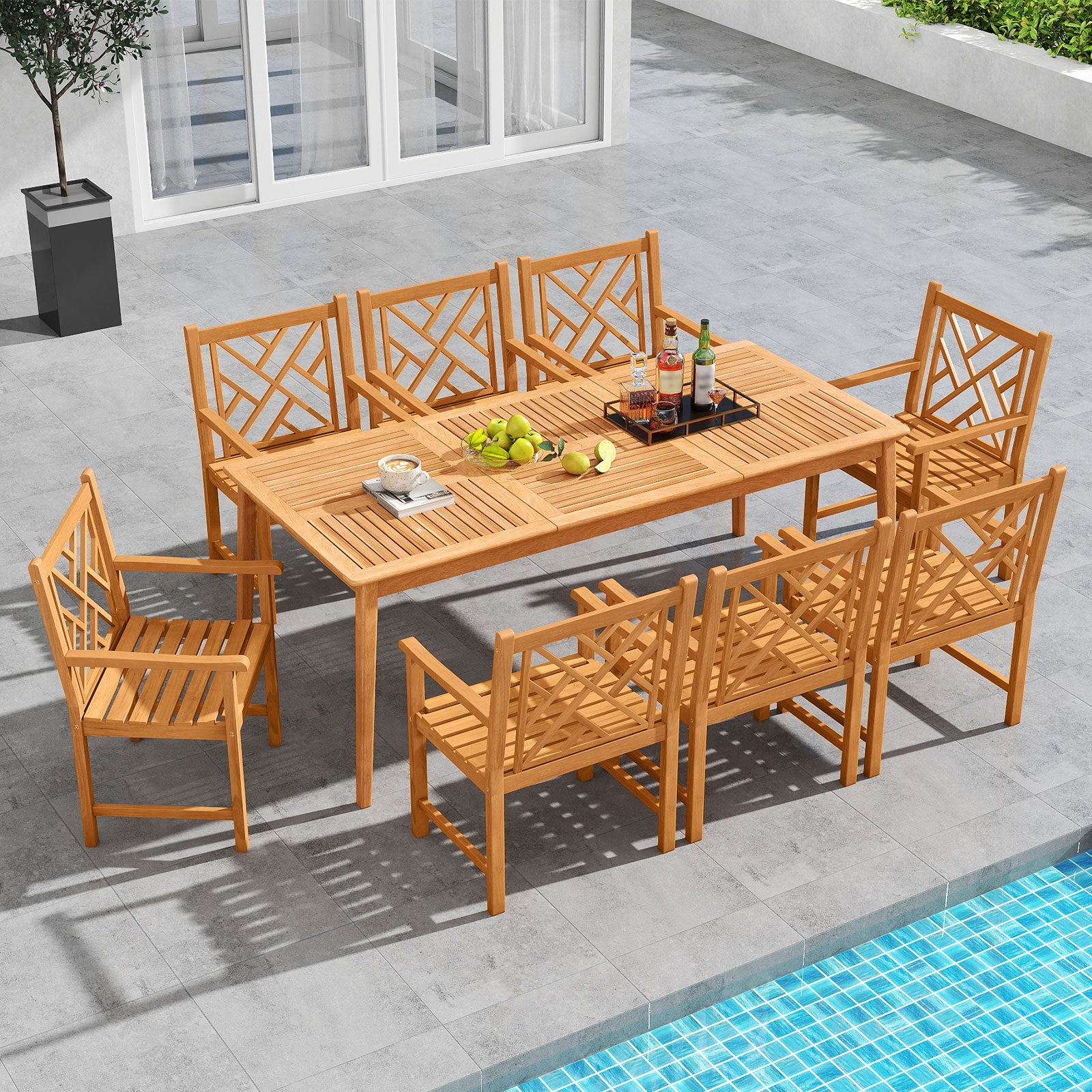 9-Pieces Patio Dining Table Set Wood Rectangular Dining Table with 8 Chairs and Slatted Tabletop