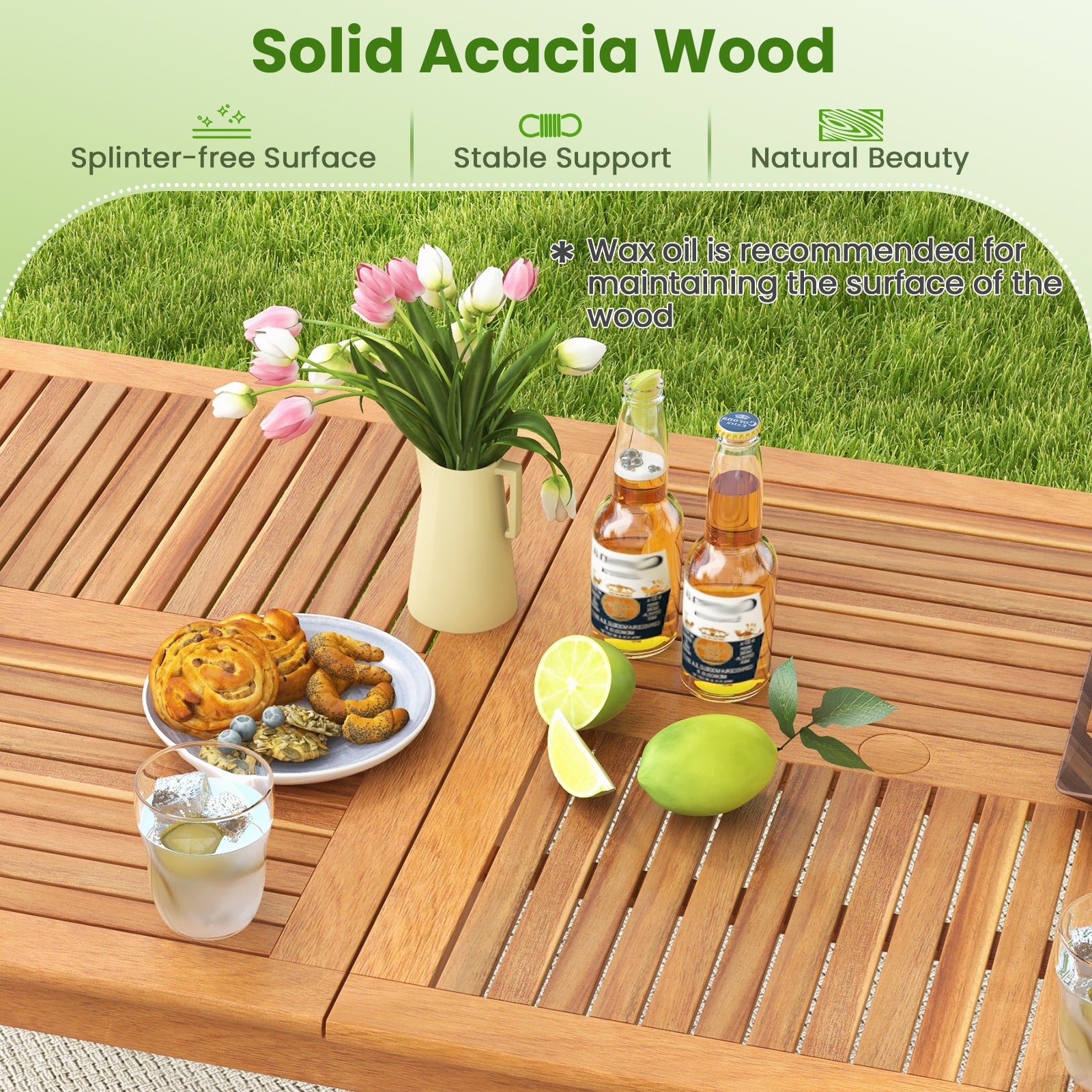 9-Pieces Patio Dining Table Set Wood Rectangular Dining Table with 8 Chairs and Slatted Tabletop